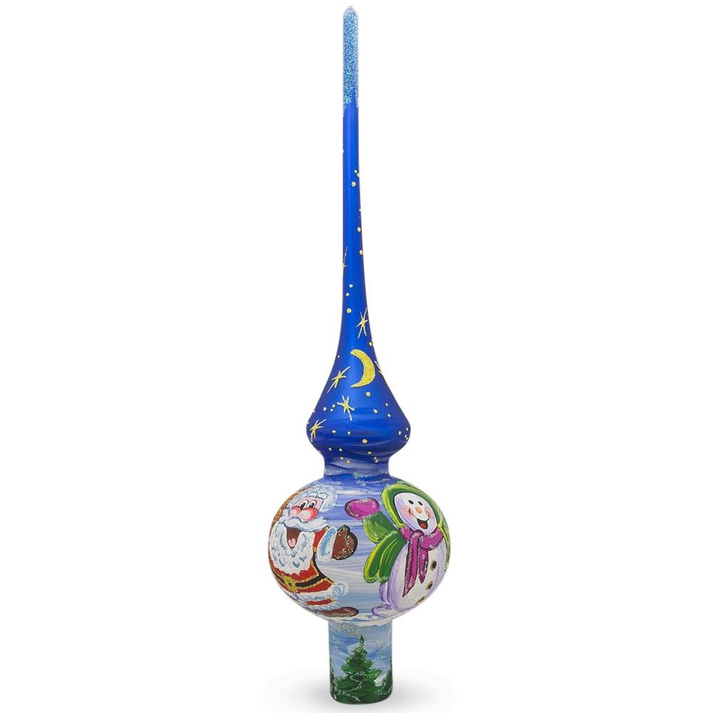 Santa and Snowman on Blue Glass Christmas Tree Topper 11 Inches