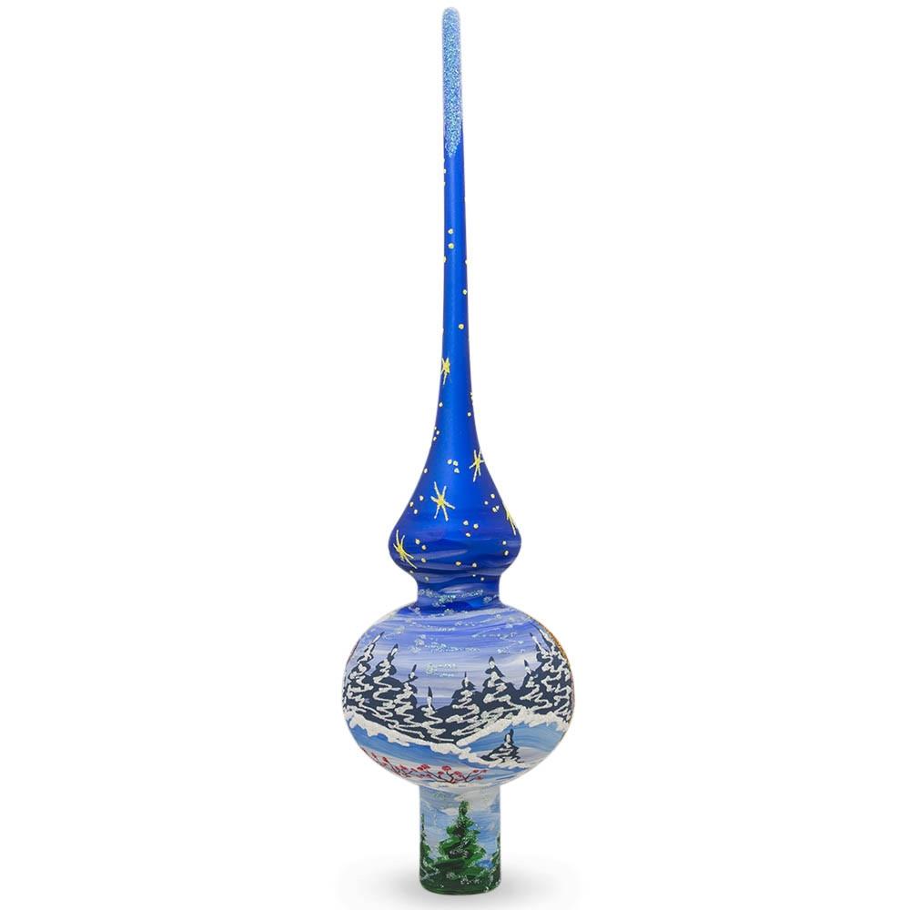 Santa and Snowman on Blue Glass Christmas Tree Topper 11 Inches