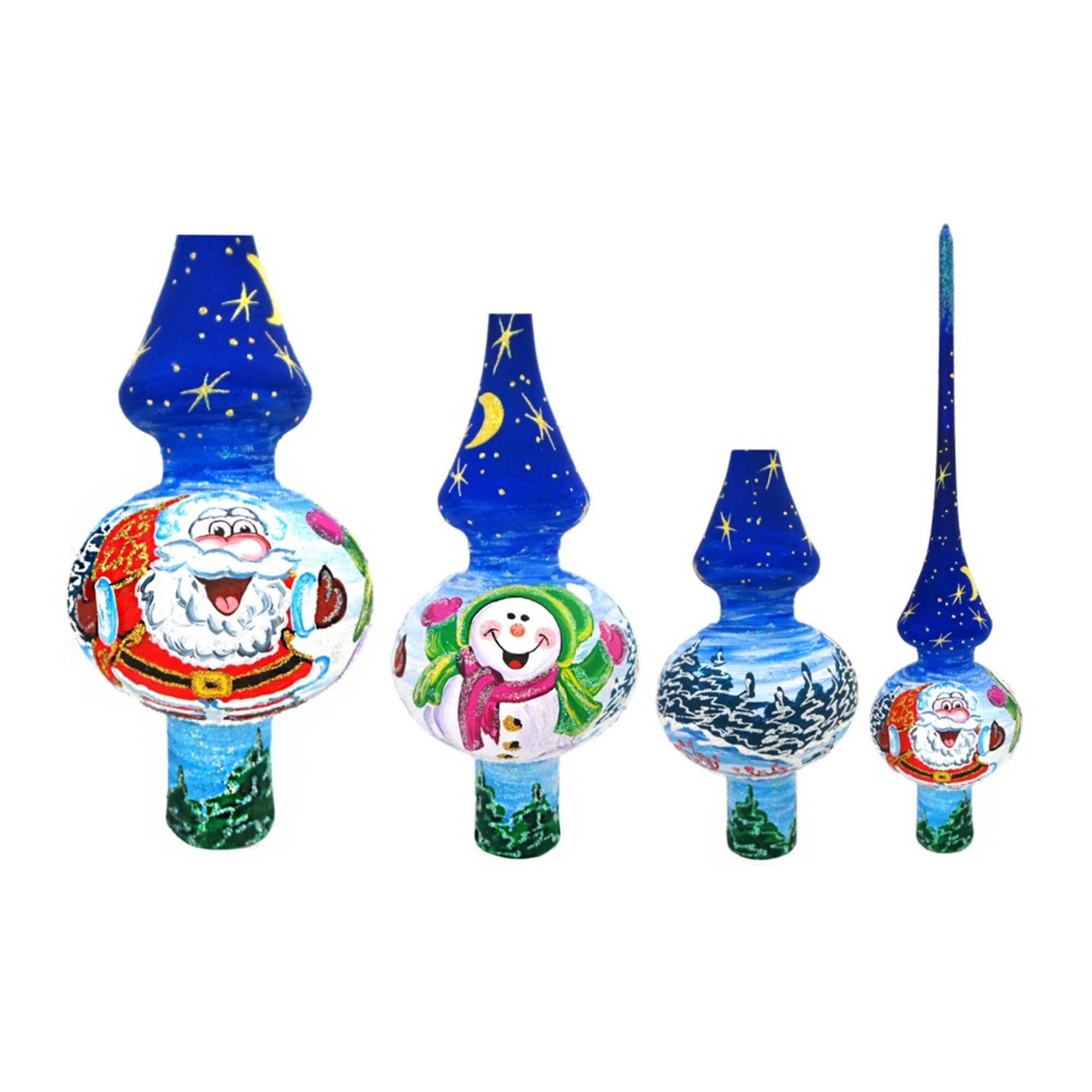 Santa and Snowman on Blue Glass Christmas Tree Topper 11 Inches