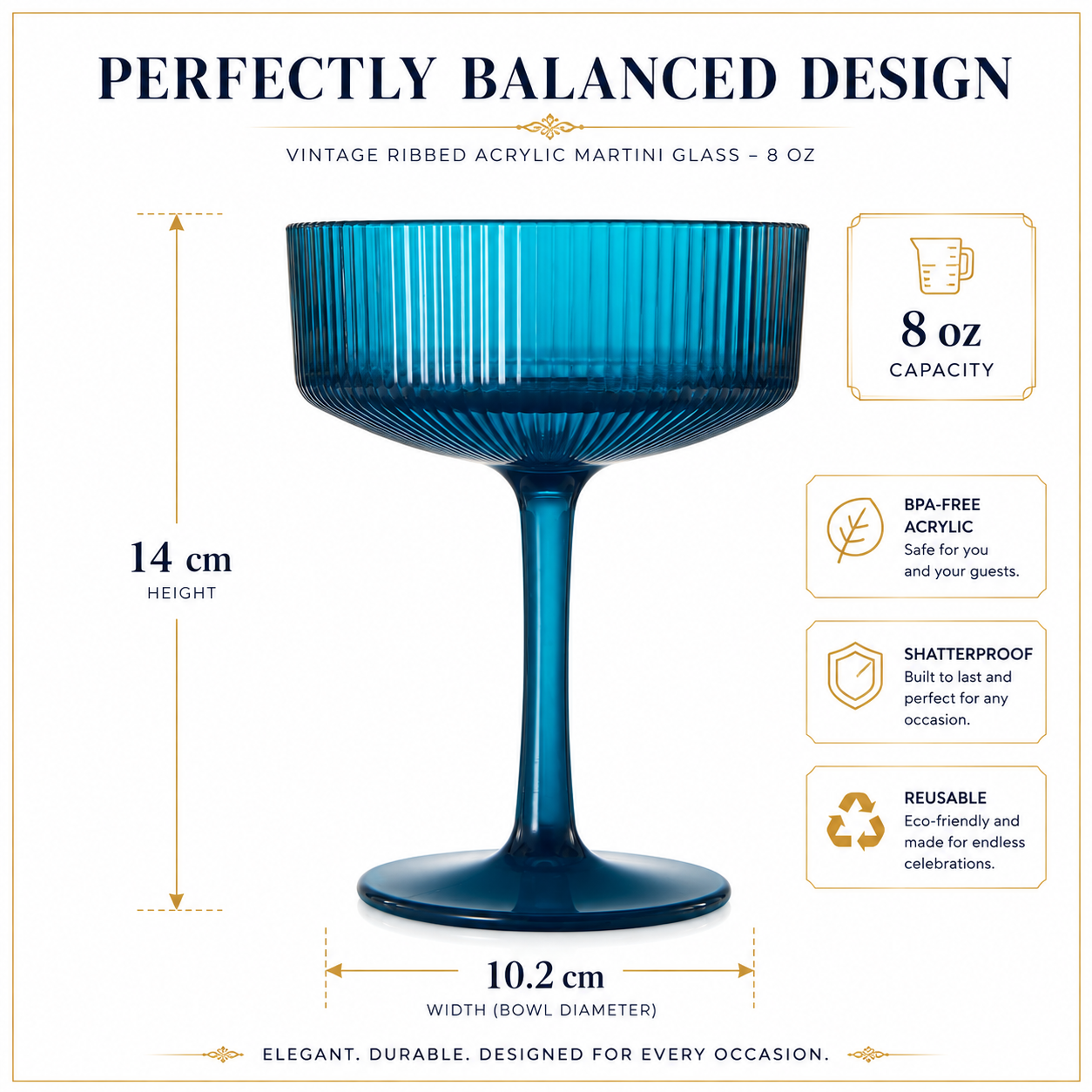 Eze Acrylic Ribbed Champagne Coupe, Cocktail Glassware, Set of 6
