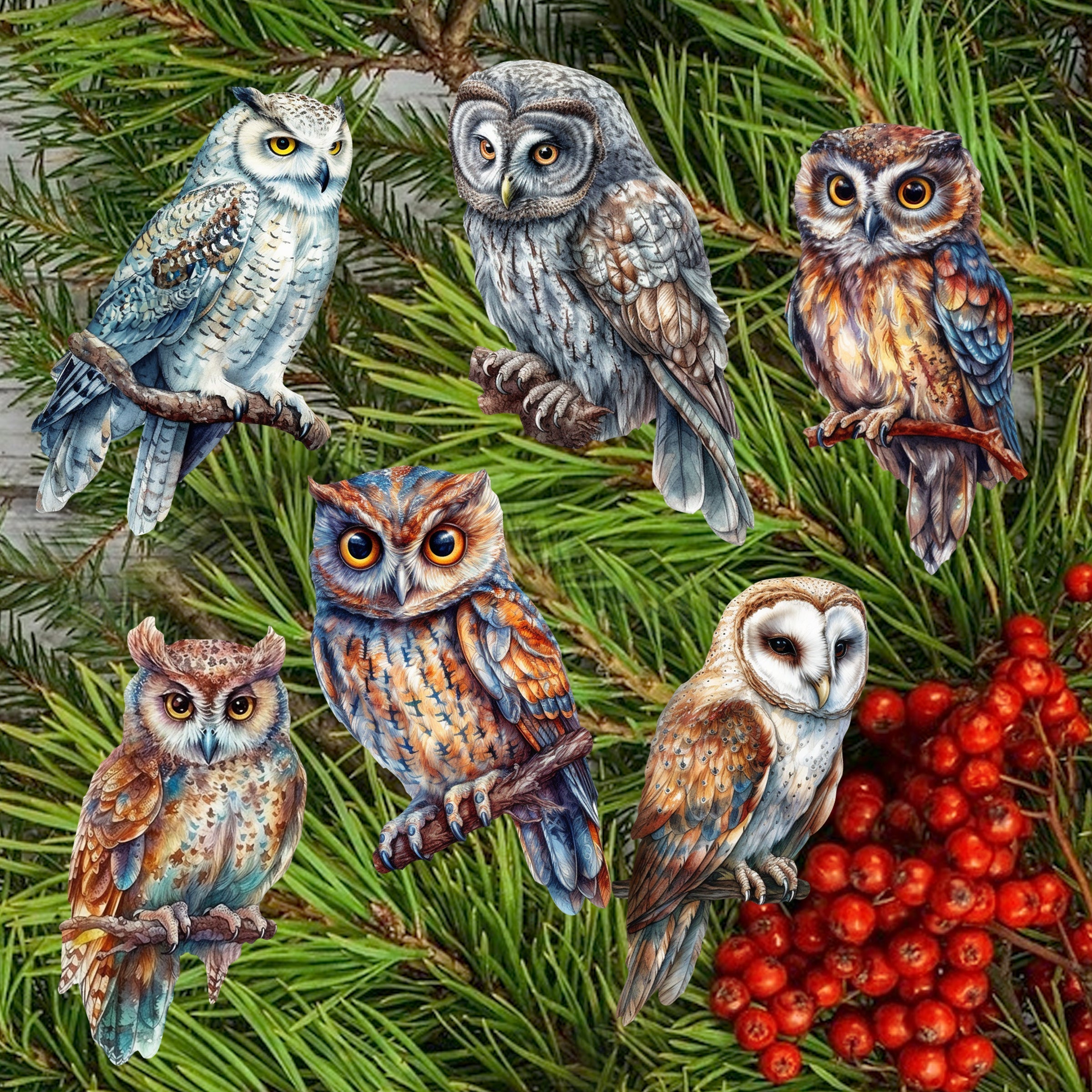 Night Owls Clip-On Eco Wood Decorative Ornaments Set of 6 by G. Debrekht - Christmas Decor - 8090004C-S6