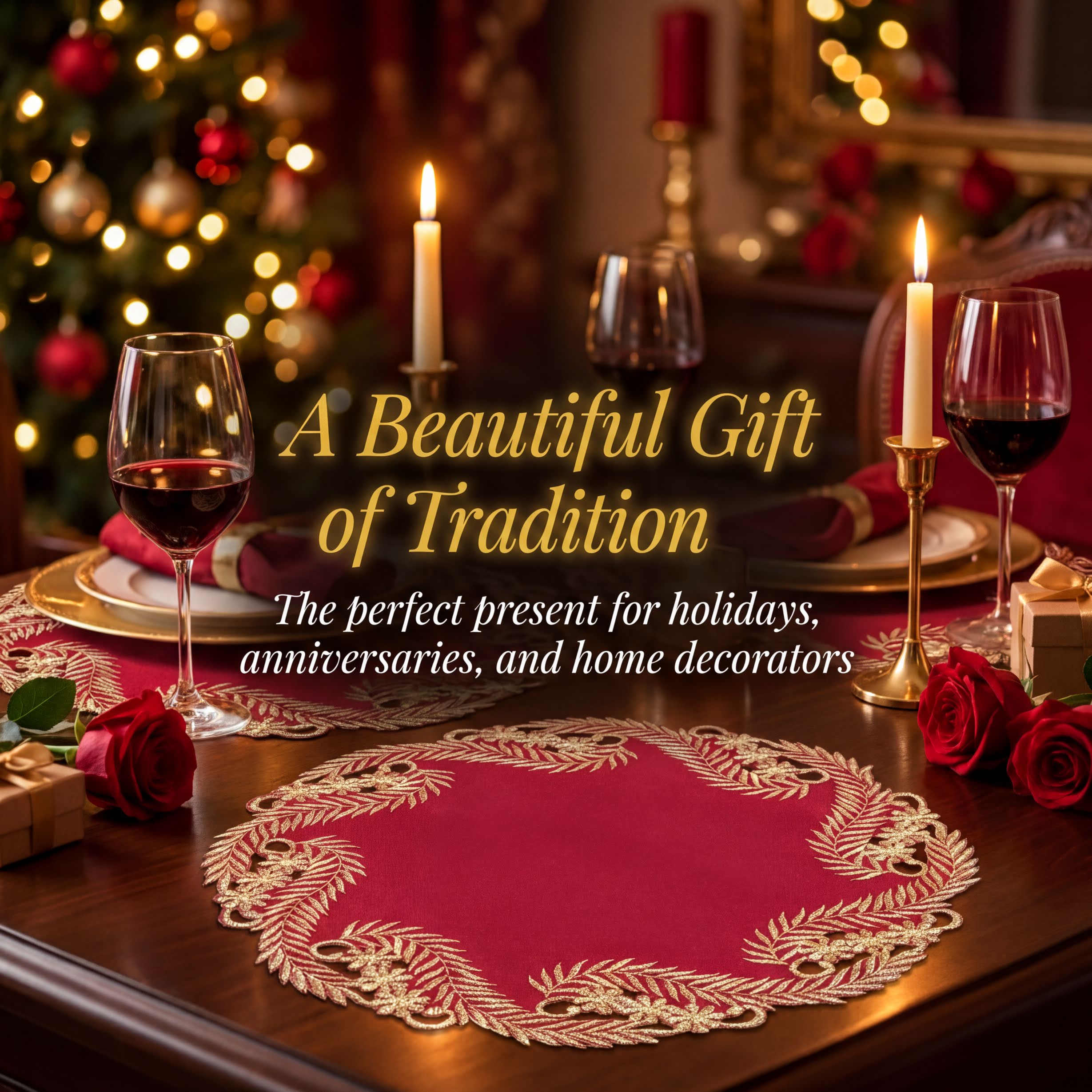 Burgundy Gold Doilies – Rustic Table Doilies | Embroidered Polyester Table Decor 15 Inch