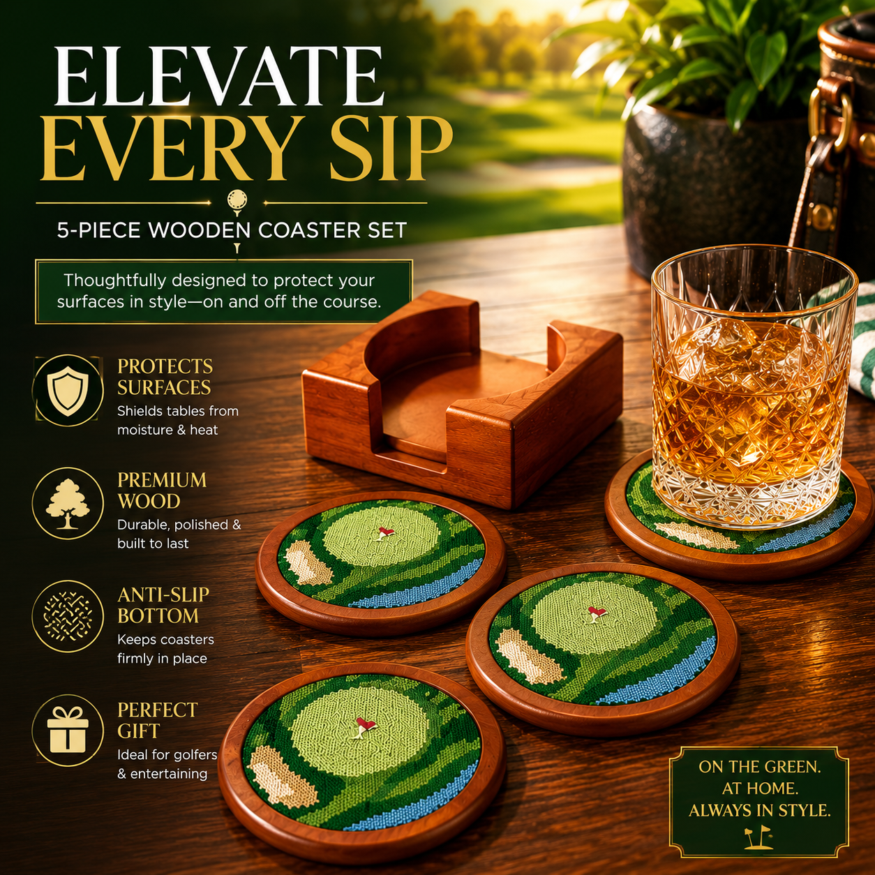 Golf Coasters, Durable Wooden Drink Coasters with Holder