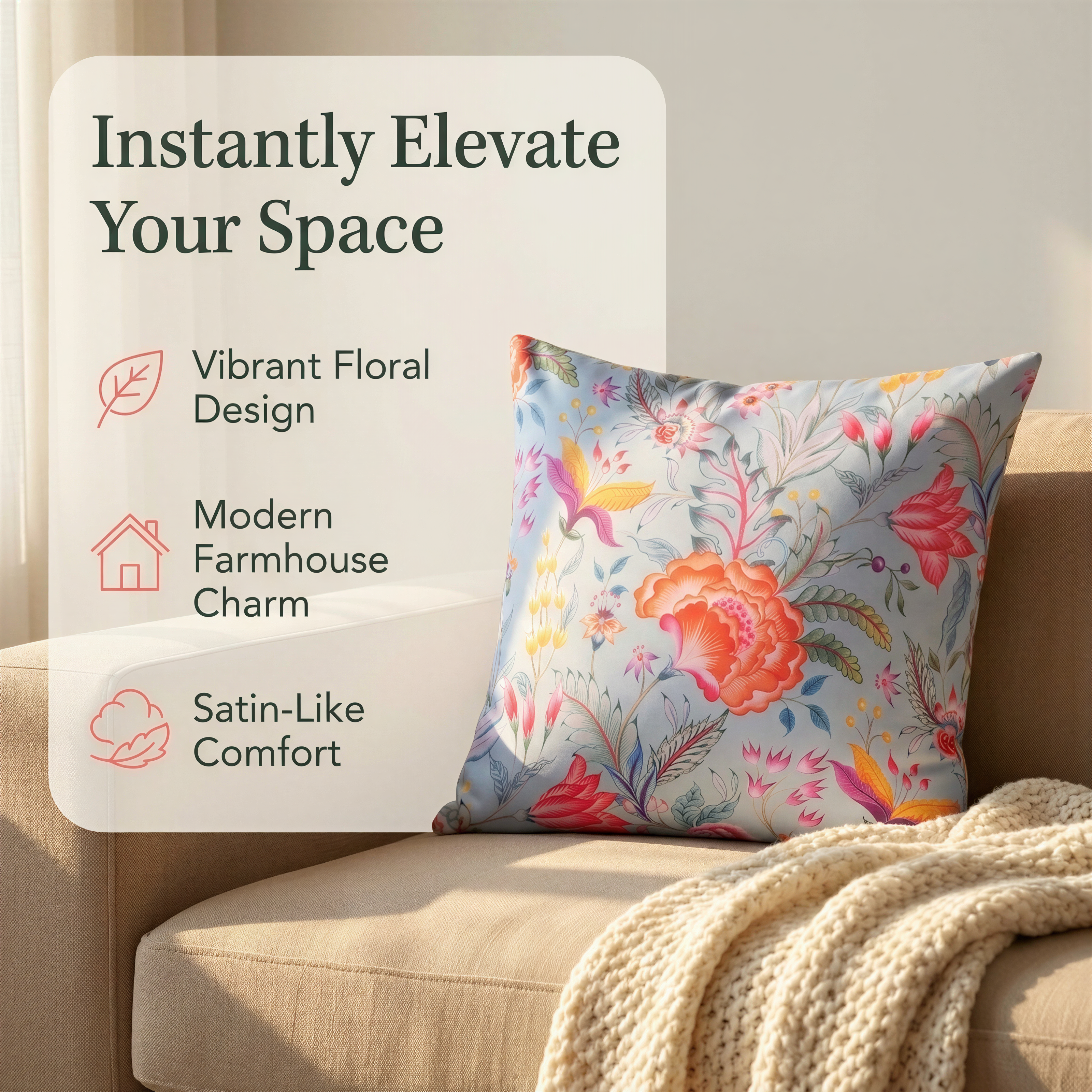 Floral Throw Pillow Covers - 20 x 20 Inches | Light Grey Decorative Cushion Covers