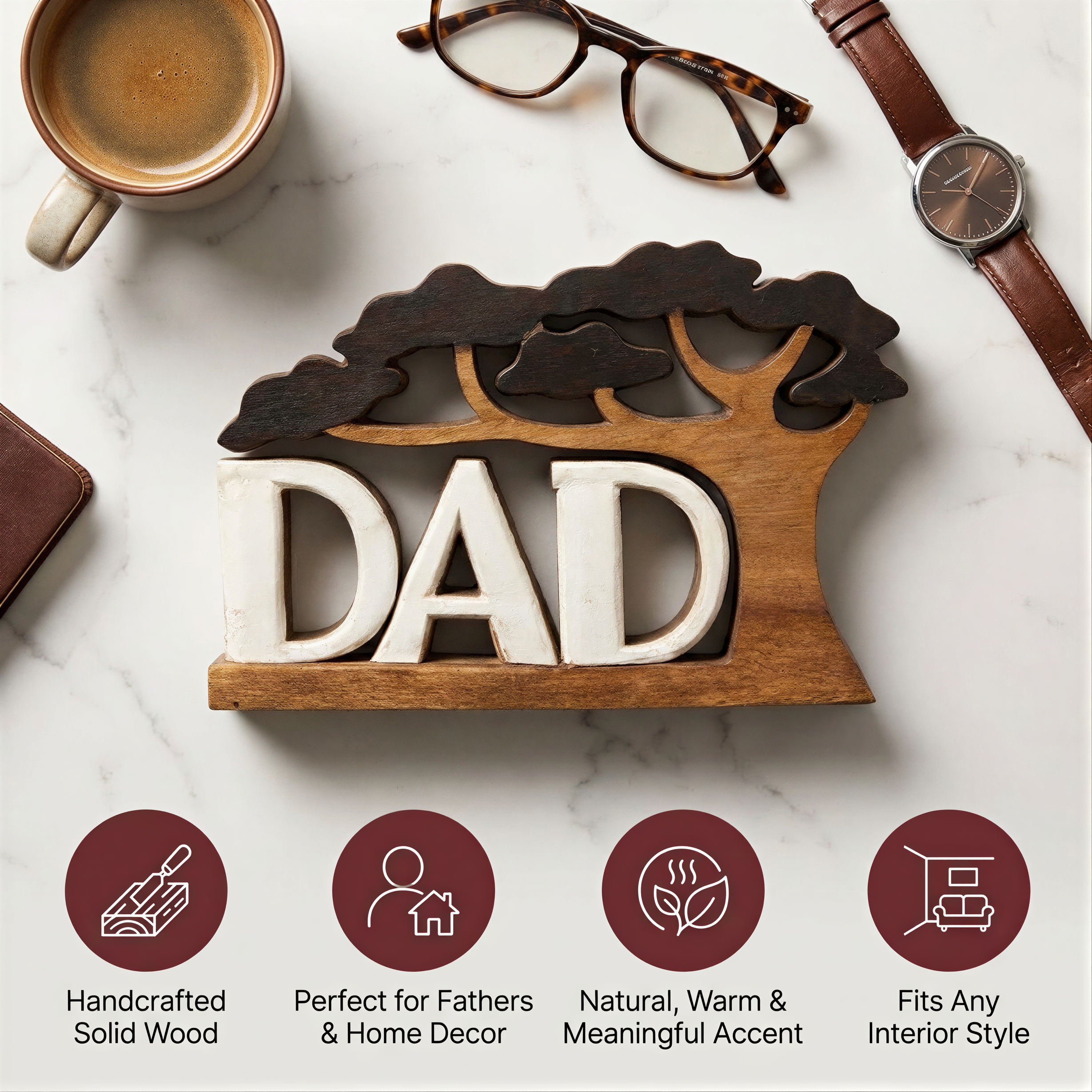 Wooden Dad Sculpture – Handmade Acacia Wood Decor | Personalized Dad Gift