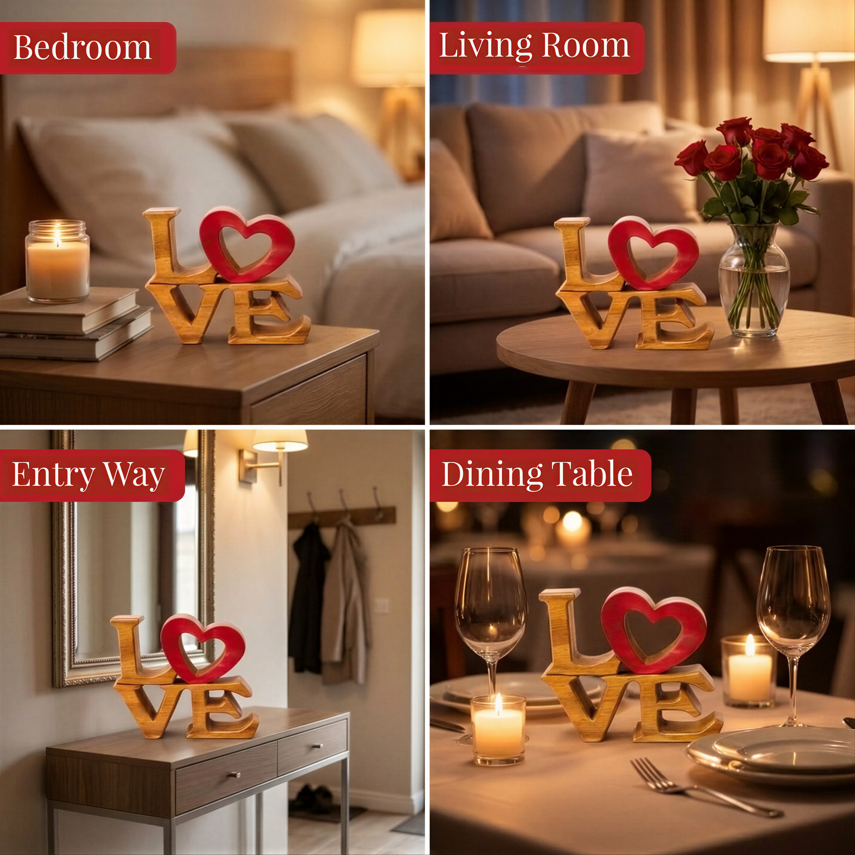 Handmade Wooden Sculpture – Elmija Love Word Sign, Solid Acacia Wood Art