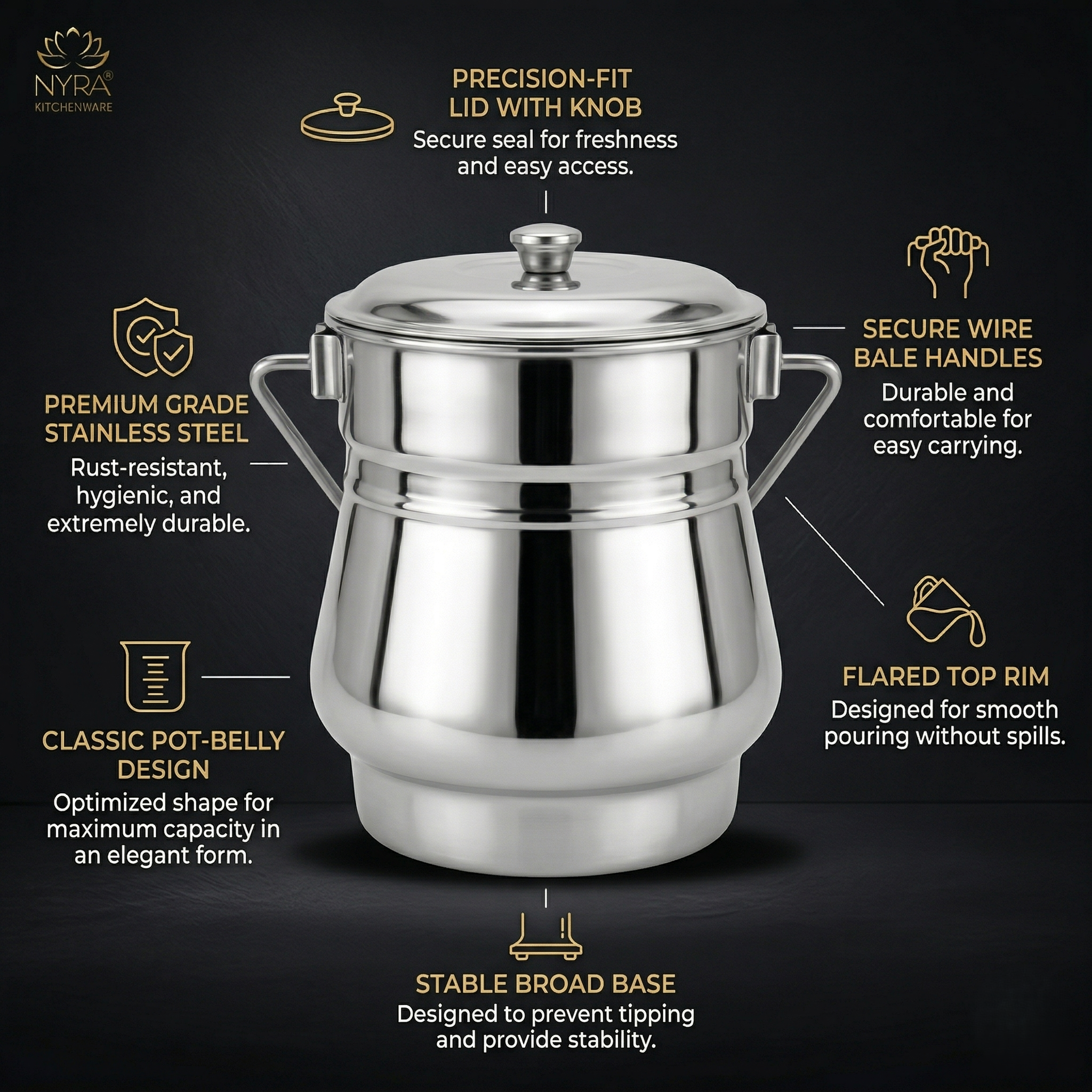 Stainless Steel Milk Pot/Container with lid | Flat Bottom dolchi for Milk - extra large
