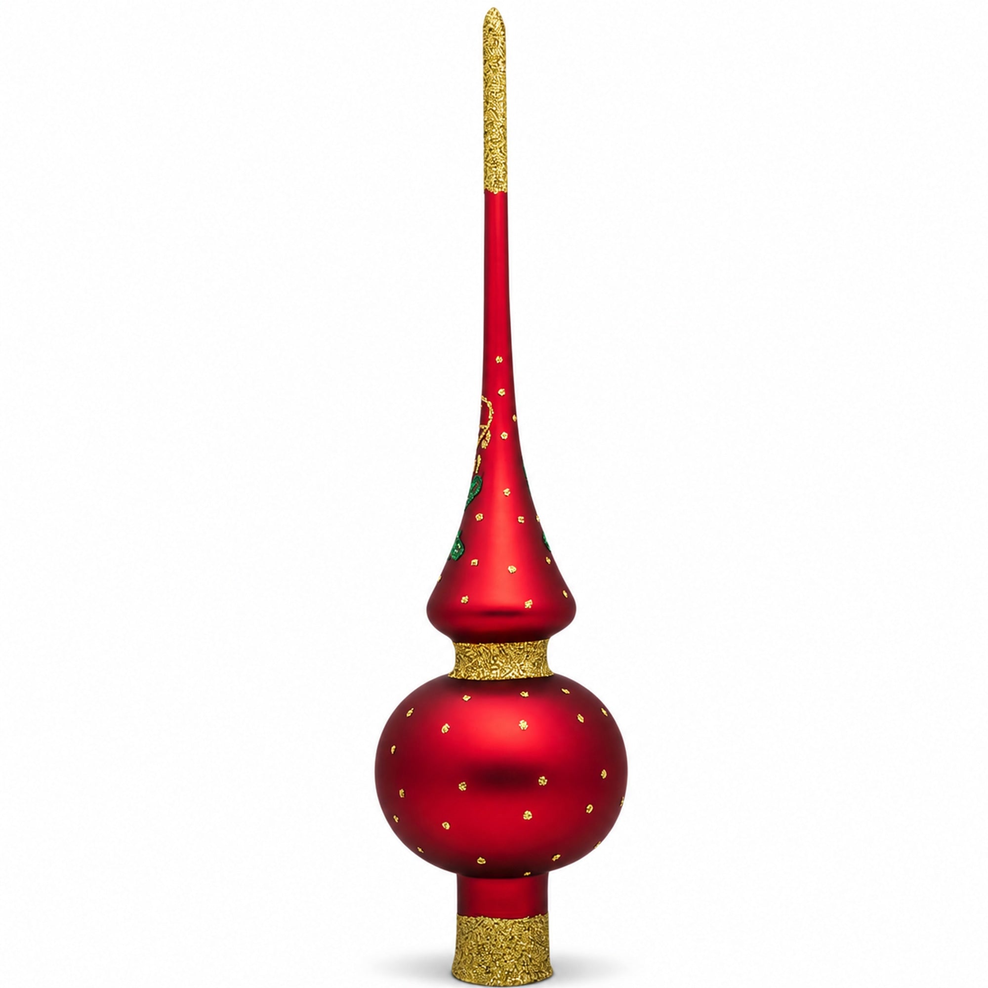 Santa and Mistletoe on Red Mouth Blown Glass Tree Topper 11 Inches