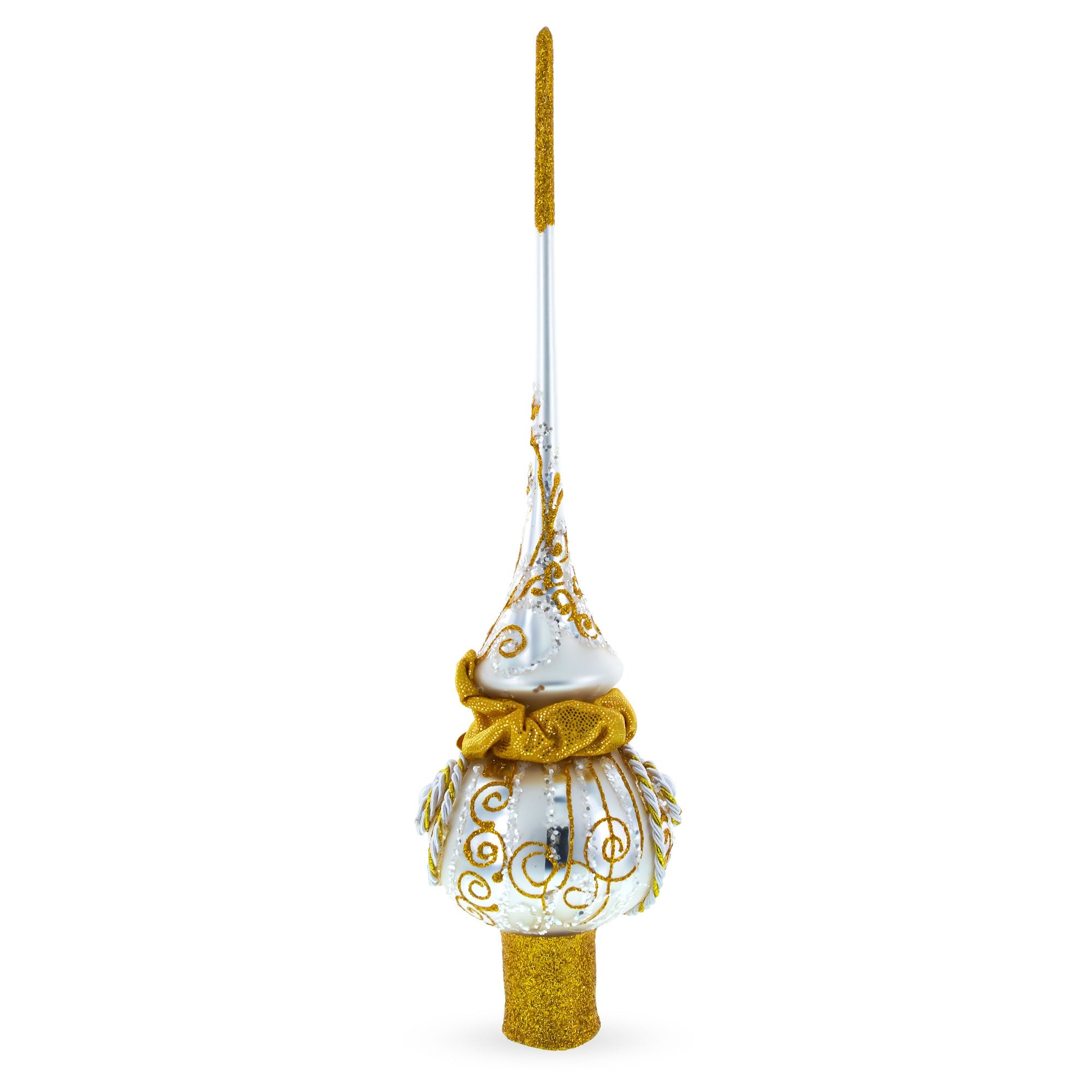 Golden Twisted Rope and Bow on White Glass Christmas Tree Topper 11 Inches