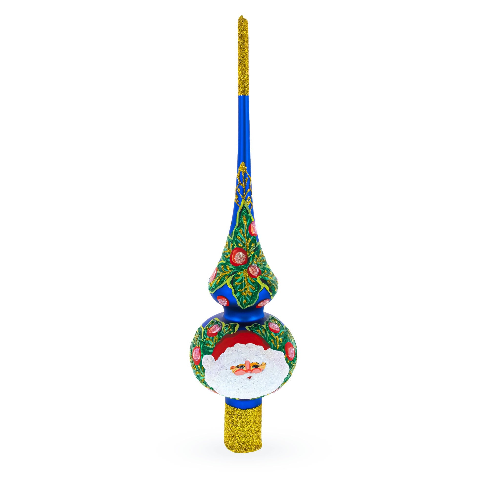 Santa and Mistletoe Wreath on Blue Glass Christmas Tree Topper 11 Inches