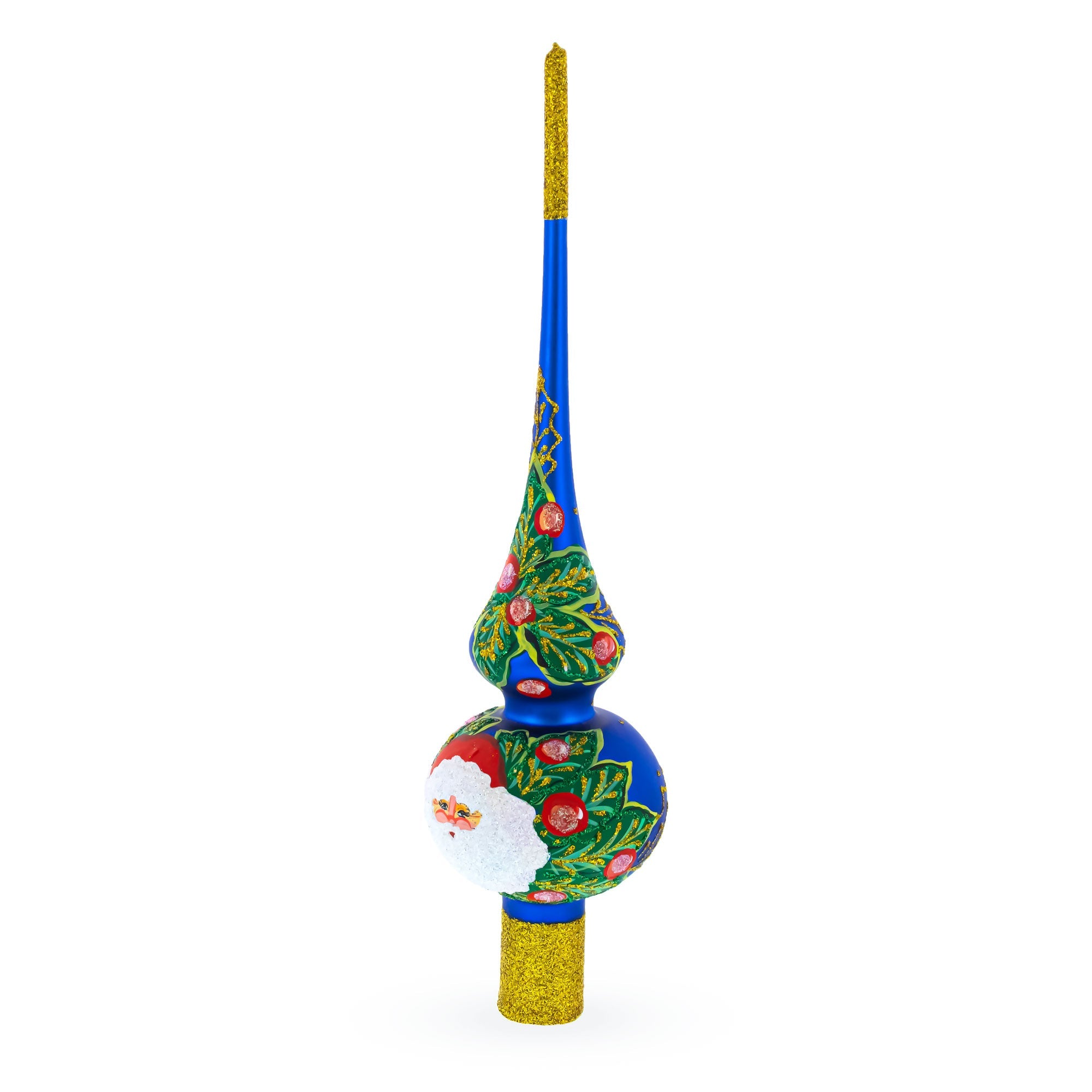 Santa and Mistletoe Wreath on Blue Glass Christmas Tree Topper 11 Inches