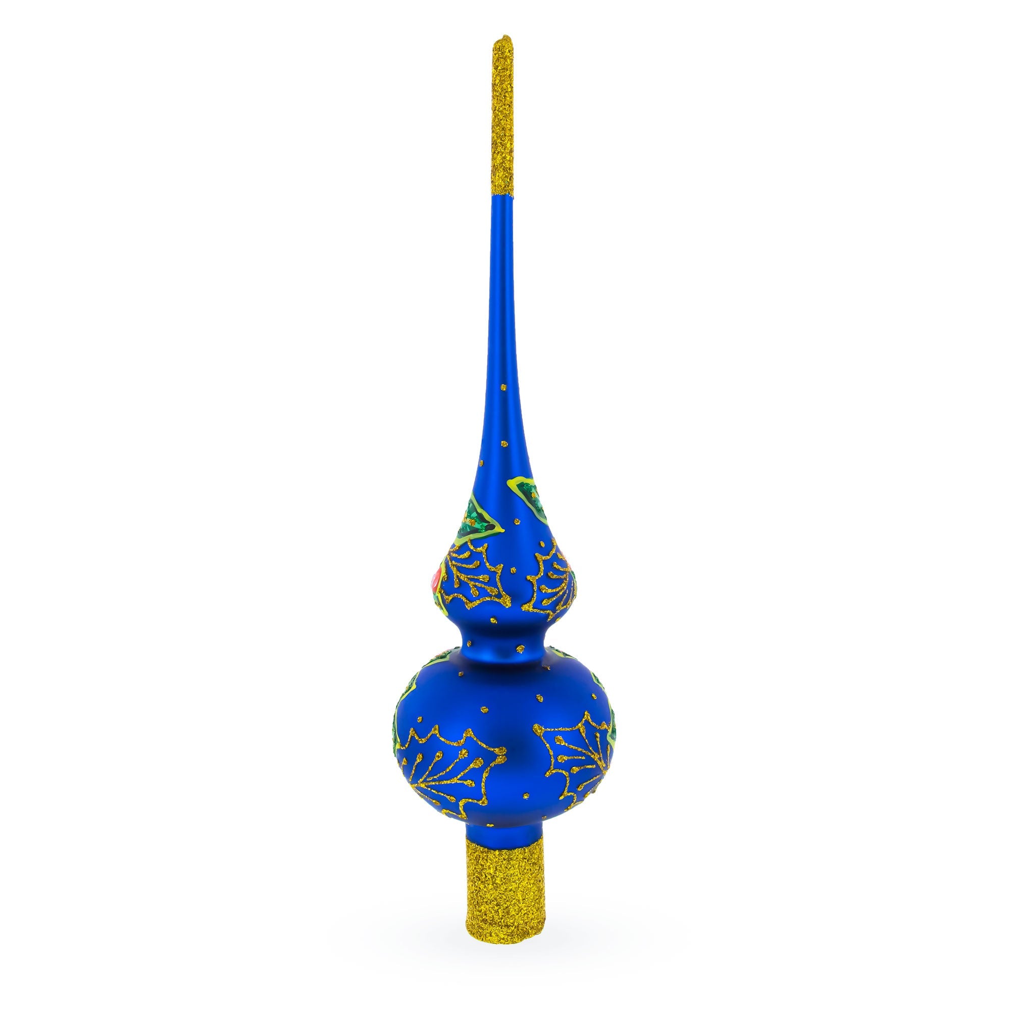Santa and Mistletoe Wreath on Blue Glass Christmas Tree Topper 11 Inches