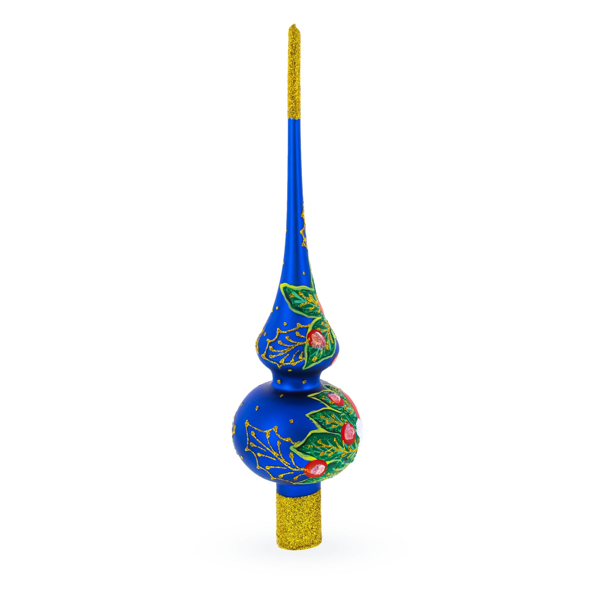 Santa and Mistletoe Wreath on Blue Glass Christmas Tree Topper 11 Inches
