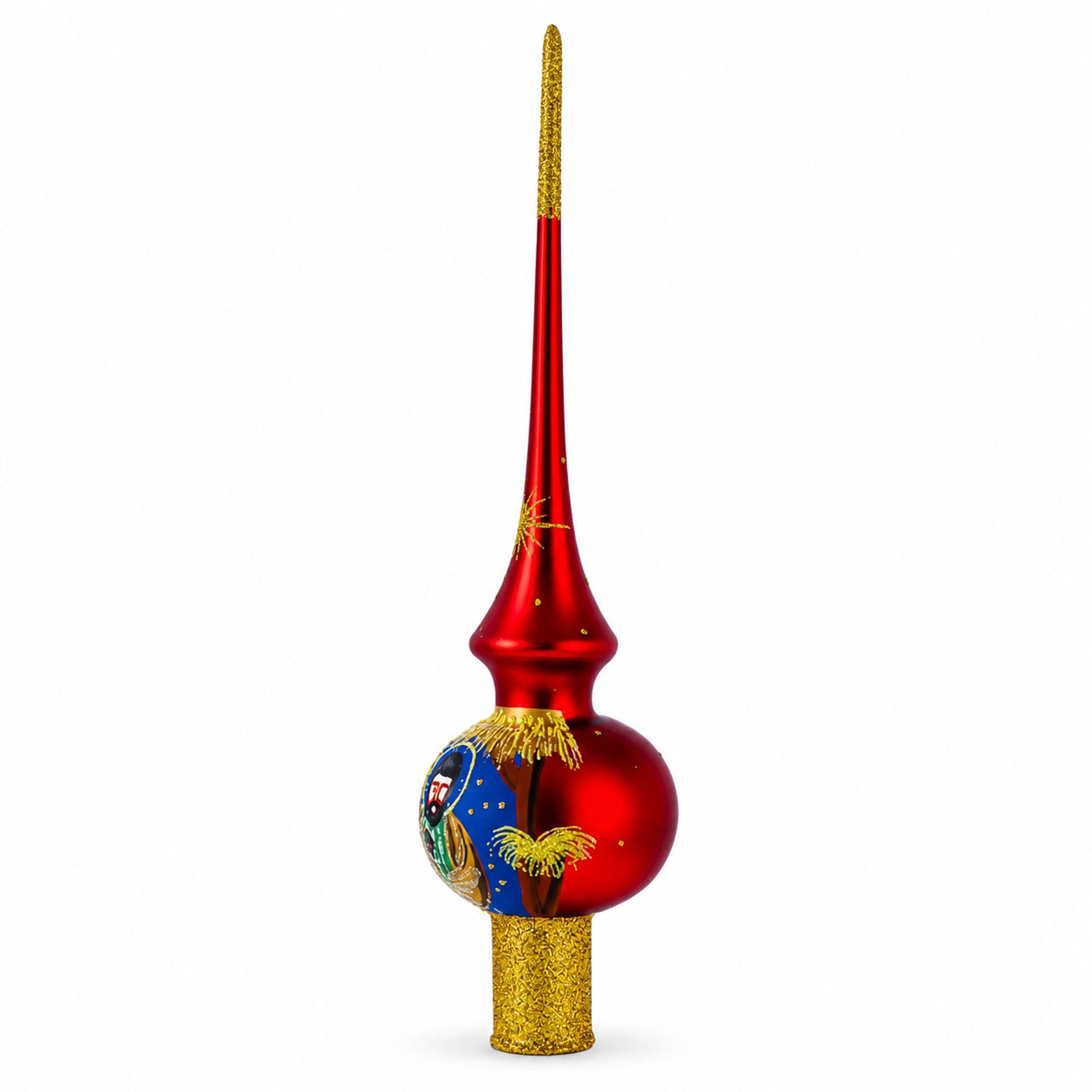 Holy Family Nativity Scene on Red Glass Christmas Tree Topper 11 Inches
