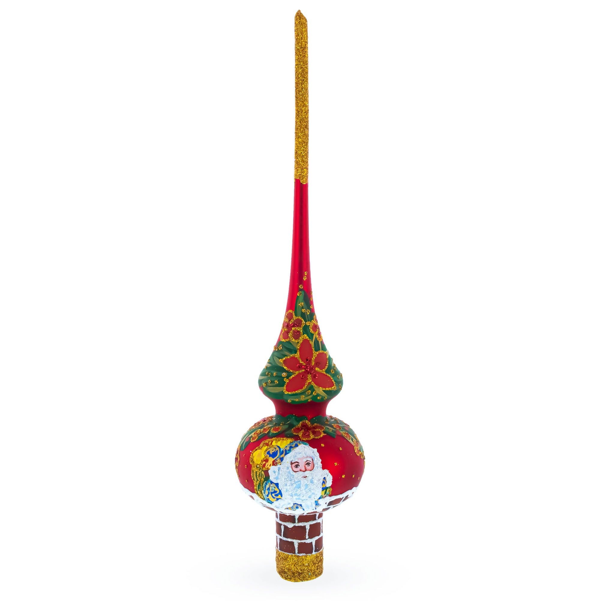 Santa in Chimney & Poinsettia Design Glass Christmas Tree Topper 11 Inches