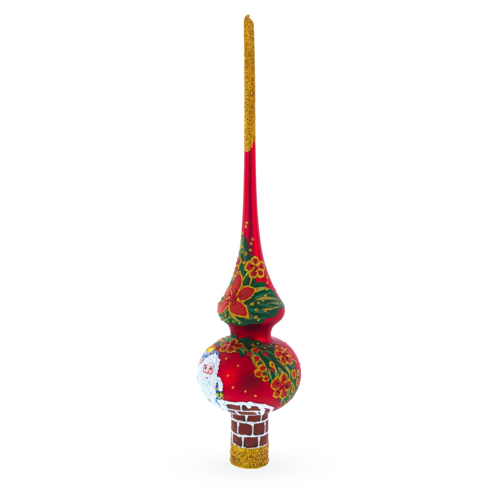 Santa in Chimney & Poinsettia Design Glass Christmas Tree Topper 11 Inches