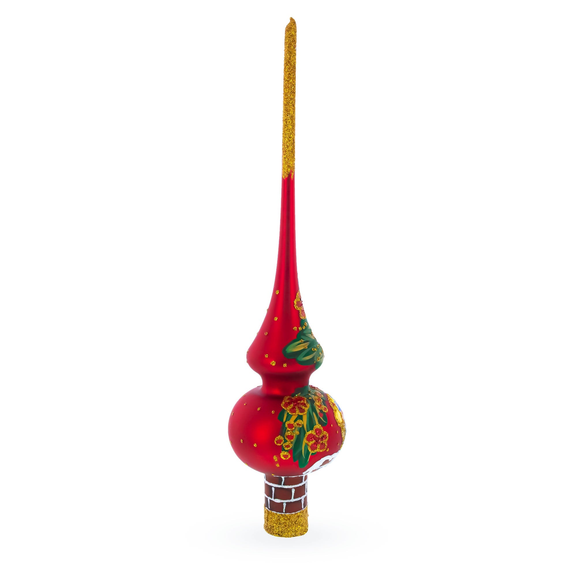 Santa in Chimney & Poinsettia Design Glass Christmas Tree Topper 11 Inches