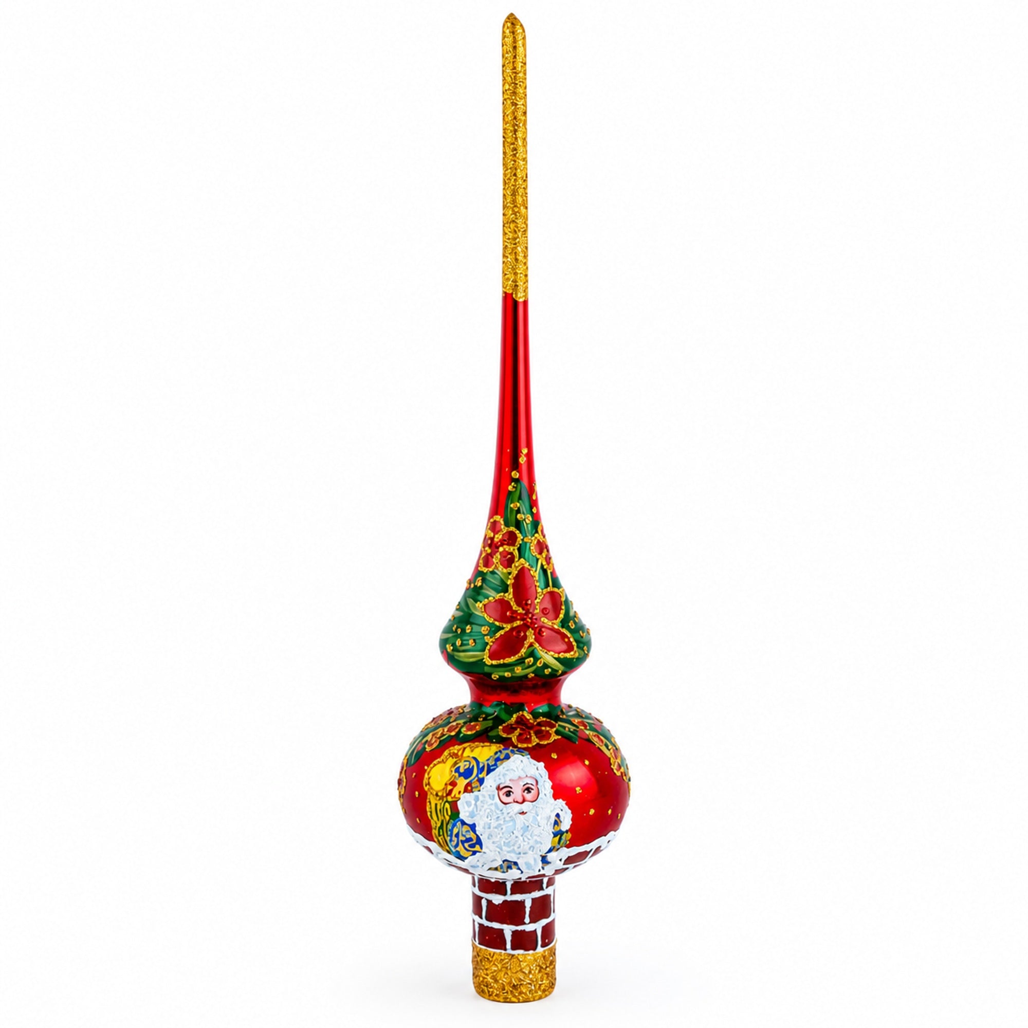 Santa in Chimney & Poinsettia Design Glass Christmas Tree Topper 11 Inches