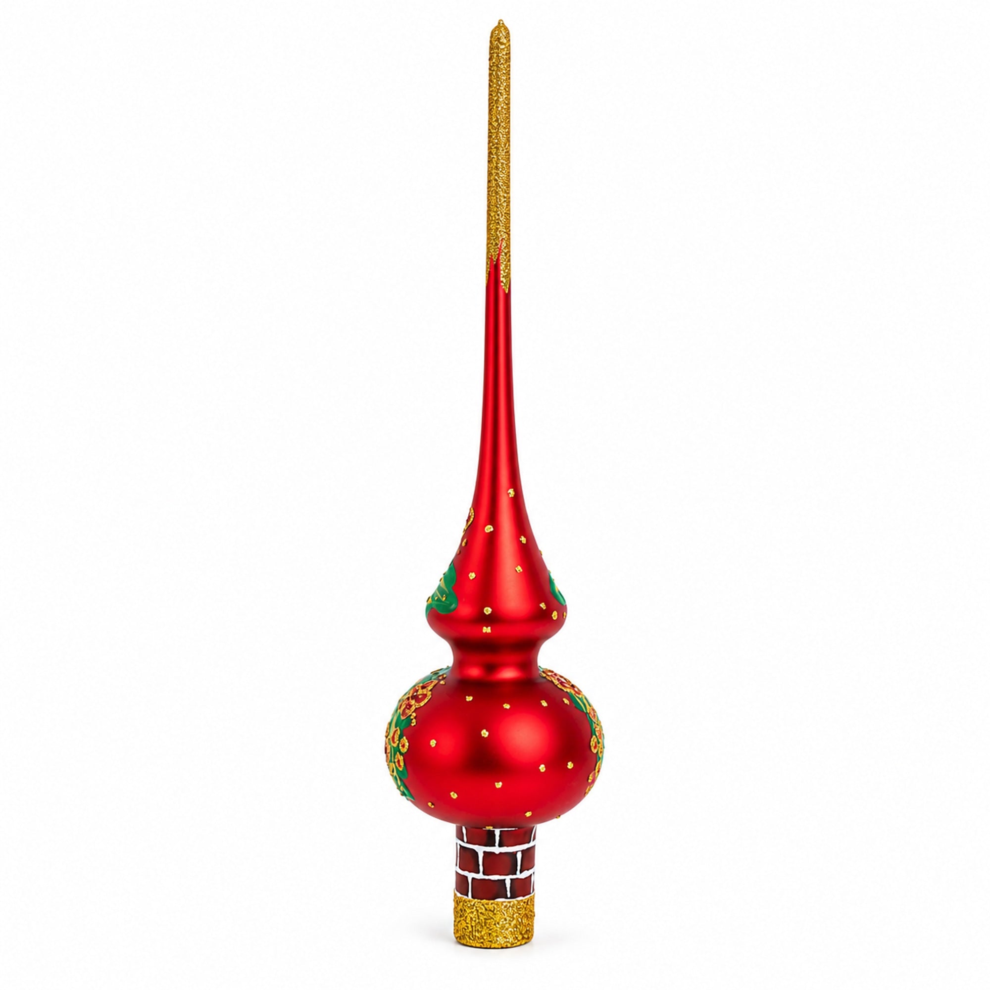 Santa in Chimney & Poinsettia Design Glass Christmas Tree Topper 11 Inches