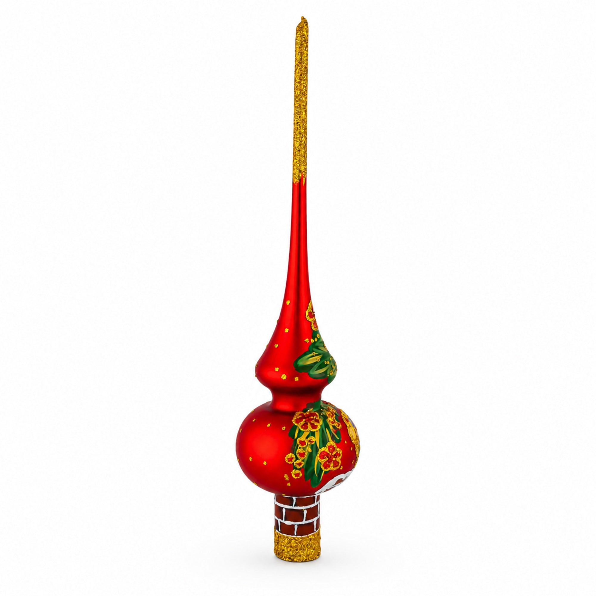 Santa in Chimney & Poinsettia Design Glass Christmas Tree Topper 11 Inches