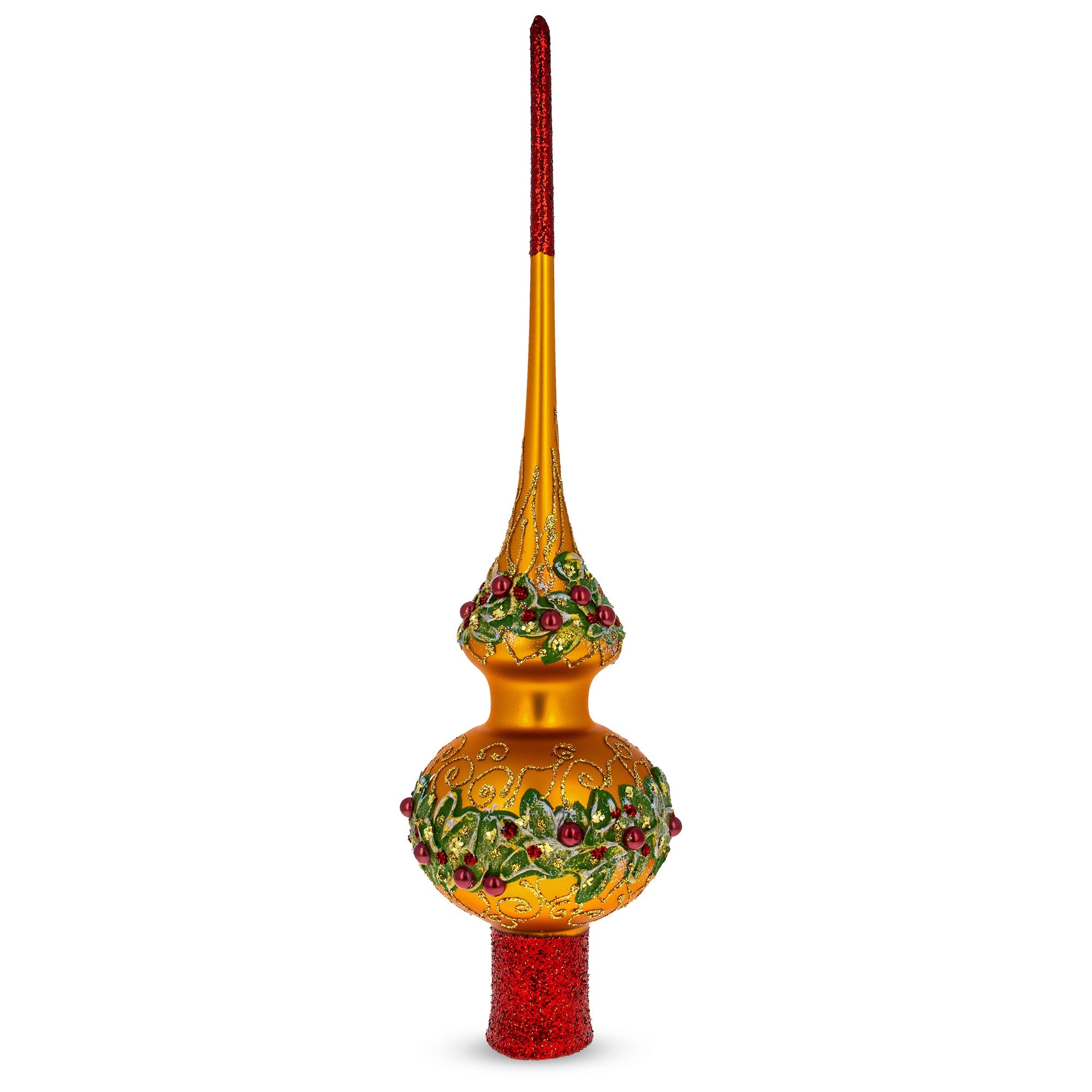 Poinsettia Flowers with Pearls  Gold Glass Christmas Tree Topper 11 Inches