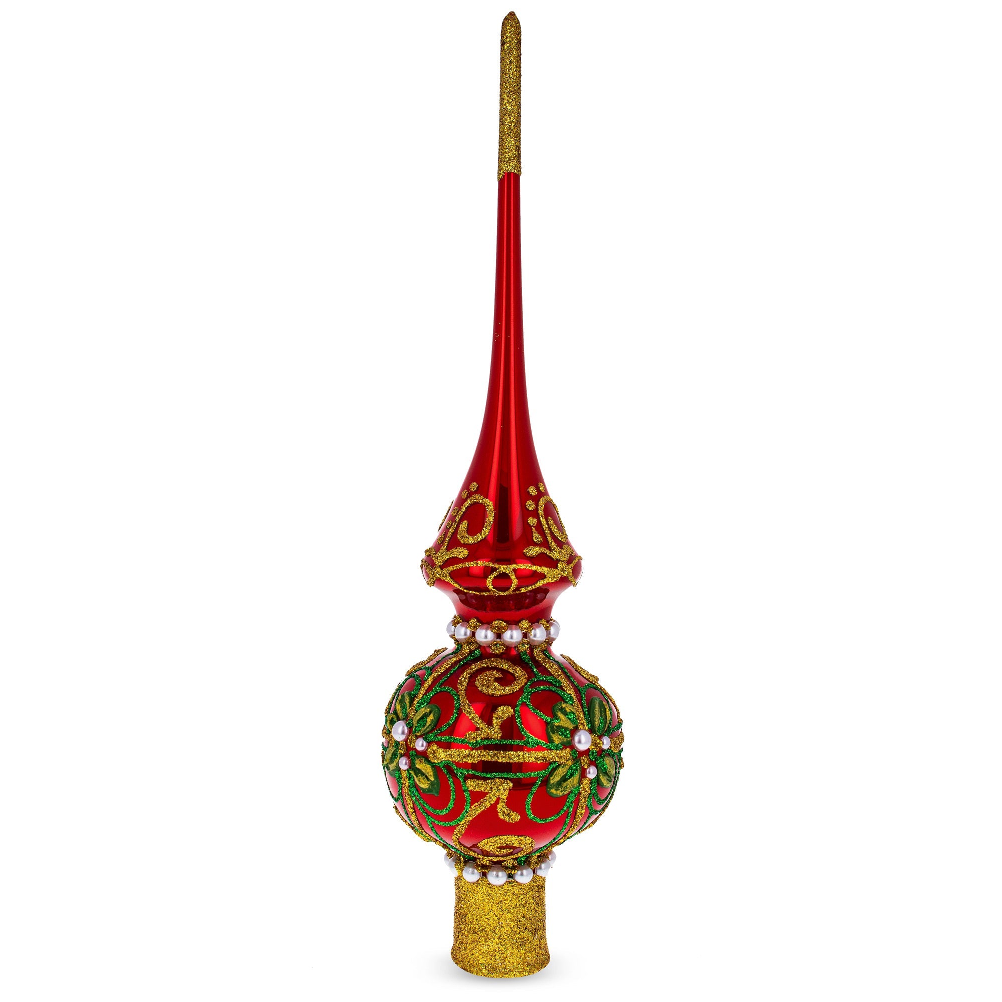 Green & Gold Glitter with Pearls Glossy Red Glass Christmas Tree Topper 11 Inches