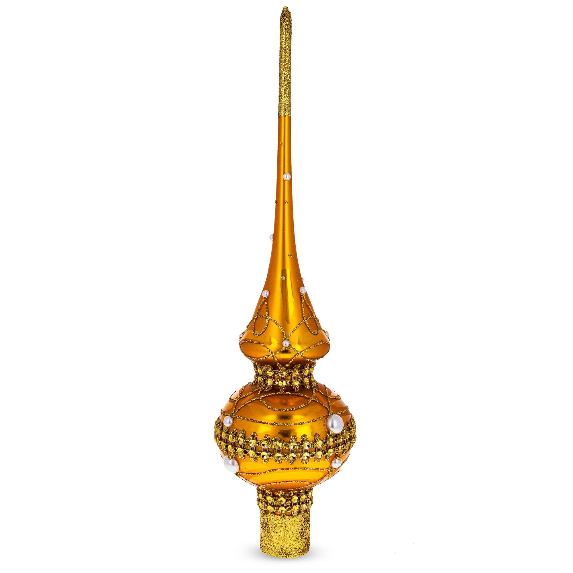 Golden Jewels White Pearls on Gold Glass Christmas Tree Topper 11 Inches