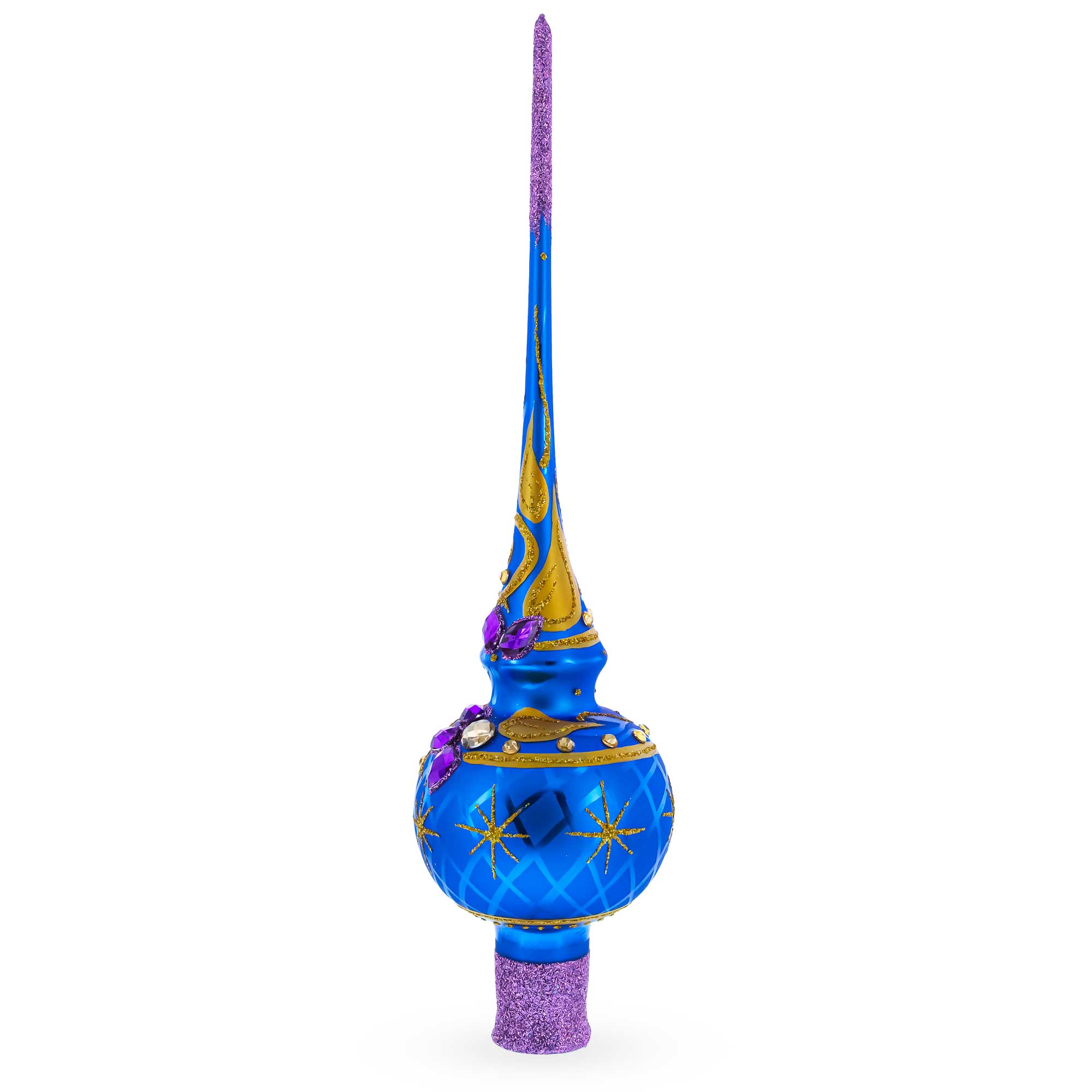 Purple Jewels Golden Leaves on Blue Glass Christmas Tree Topper 11 Inches