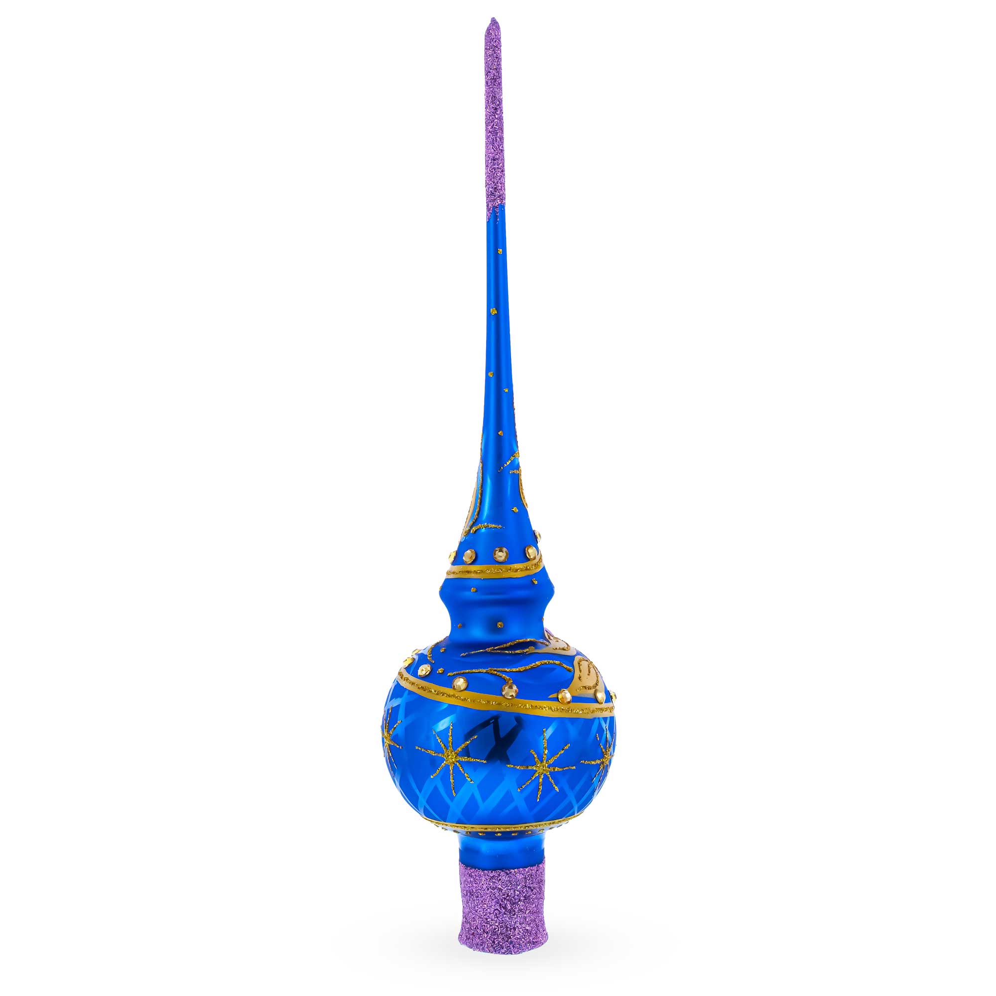Purple Jewels Golden Leaves on Blue Glass Christmas Tree Topper 11 Inches