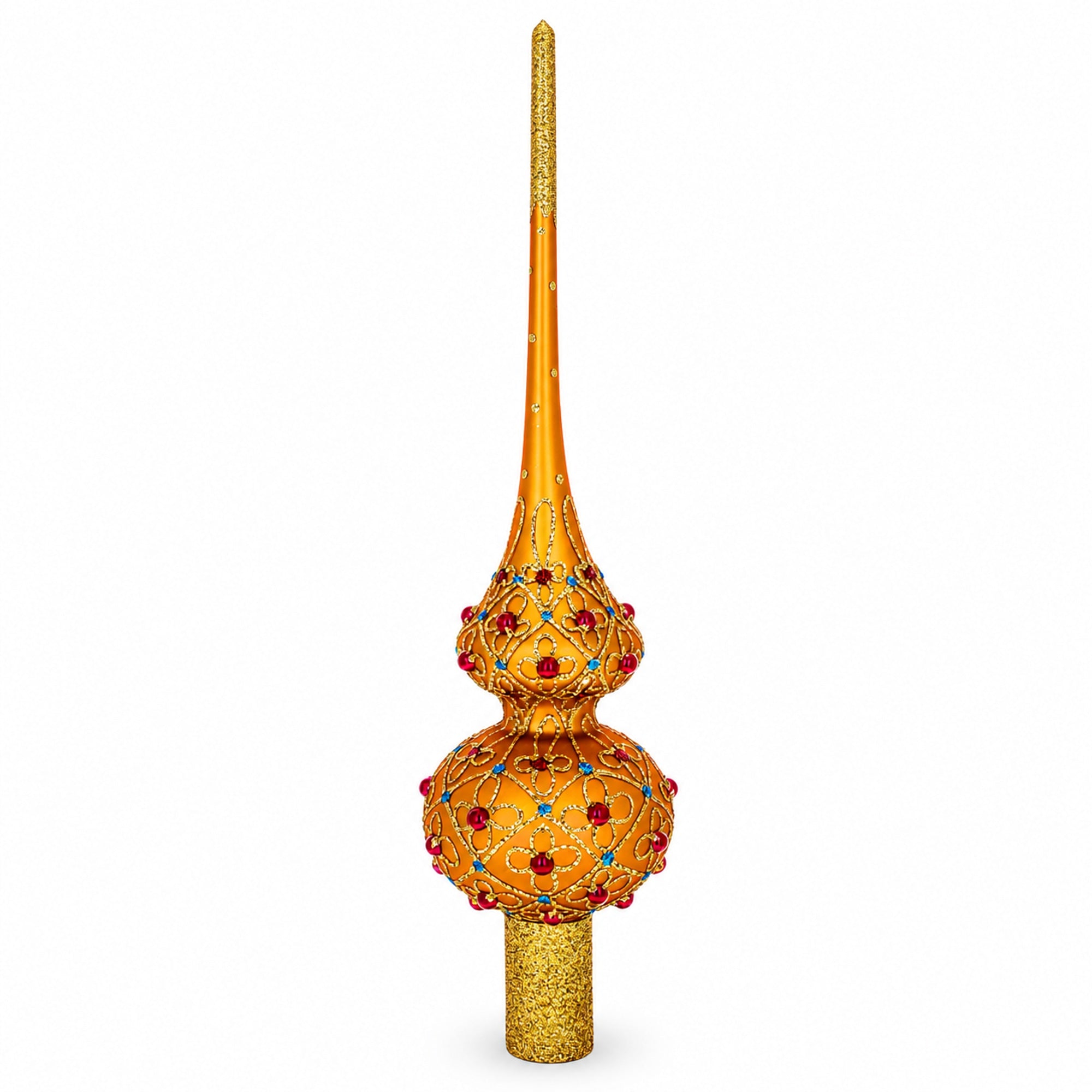 Red Jewels on Gold Geometrical Glass Christmas Tree Topper 11 Inches