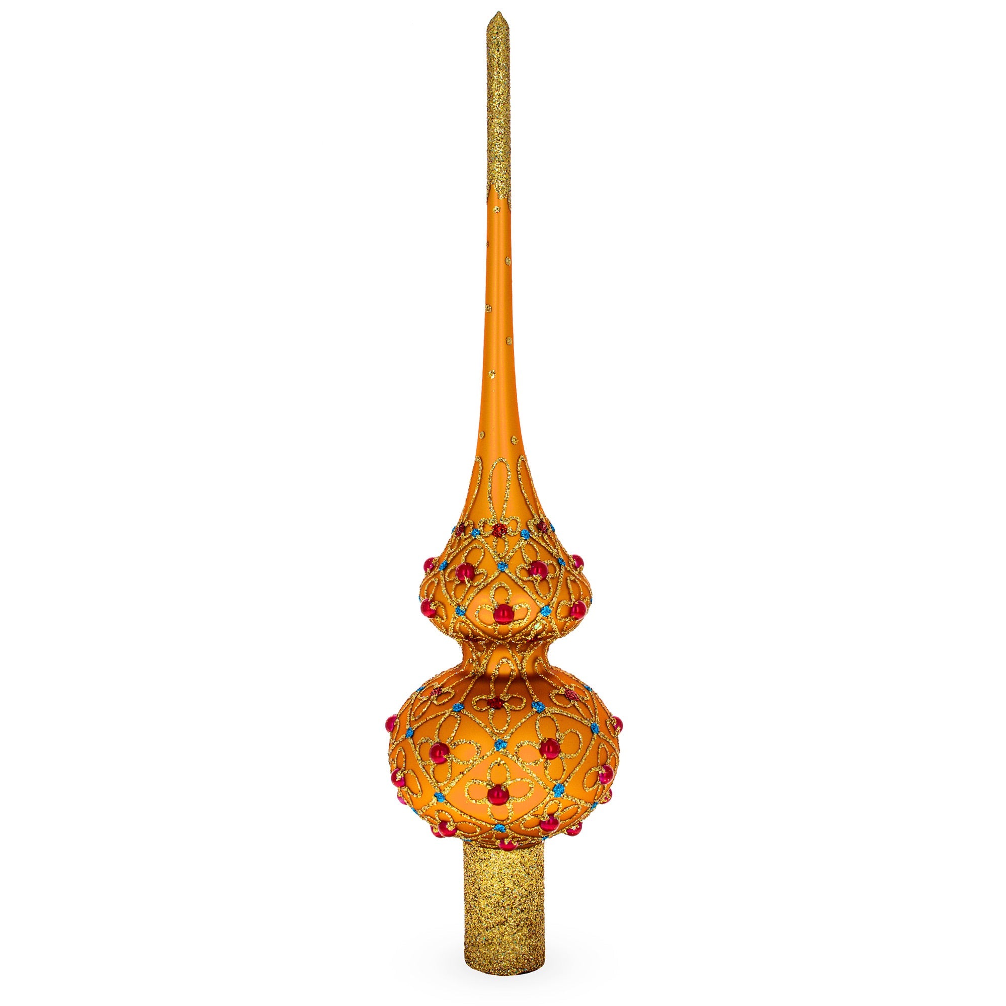 Red Jewels on Gold Geometrical Glass Christmas Tree Topper 11 Inches