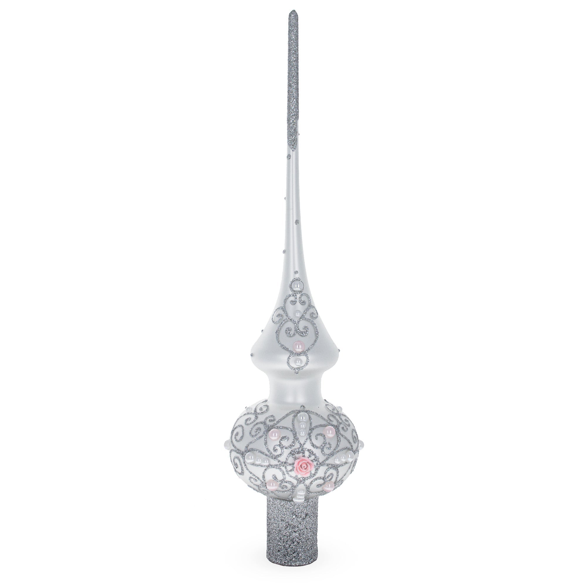 Pink Roses and Pearls on Silver Glass Christmas Tree Topper 11 Inches