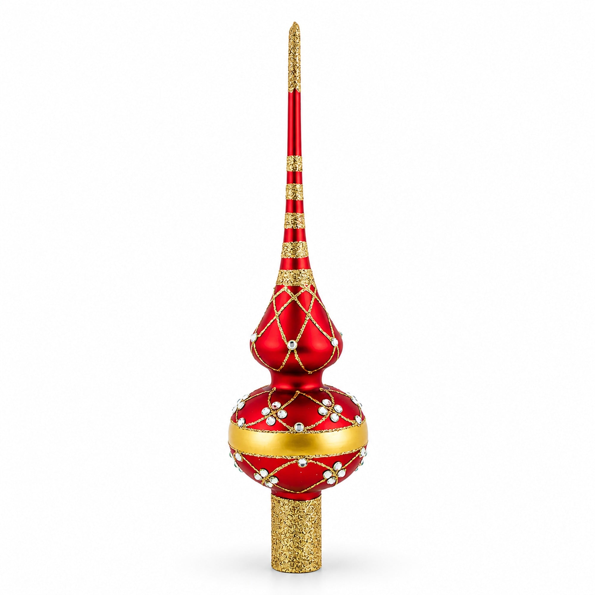 Dimensional White Diamond Trellis on Red Glass Christmas Tree Topper 11 Inches