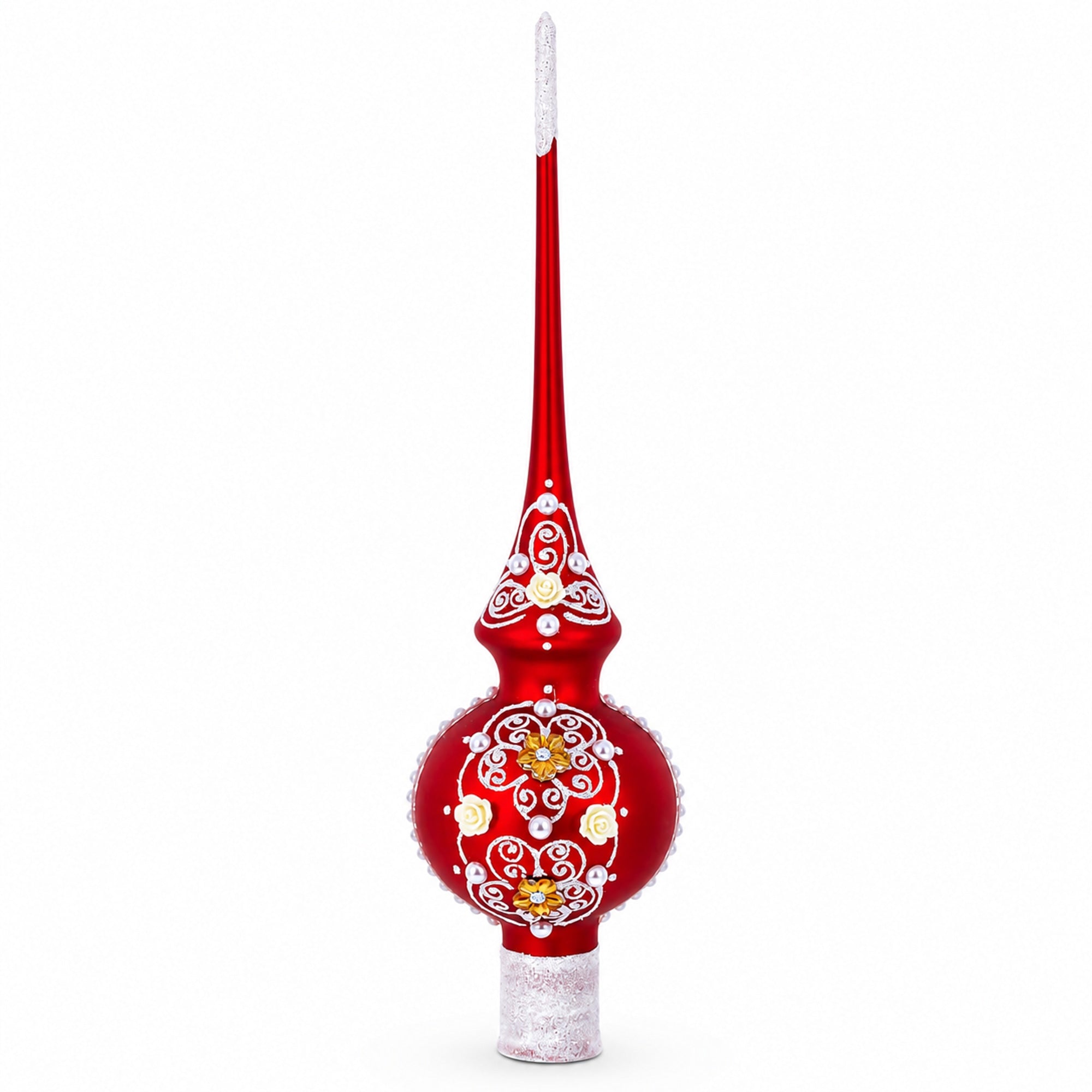 Golden Flowers and Silver Swirls on Red Glass Christmas Tree Topper 11 Inches