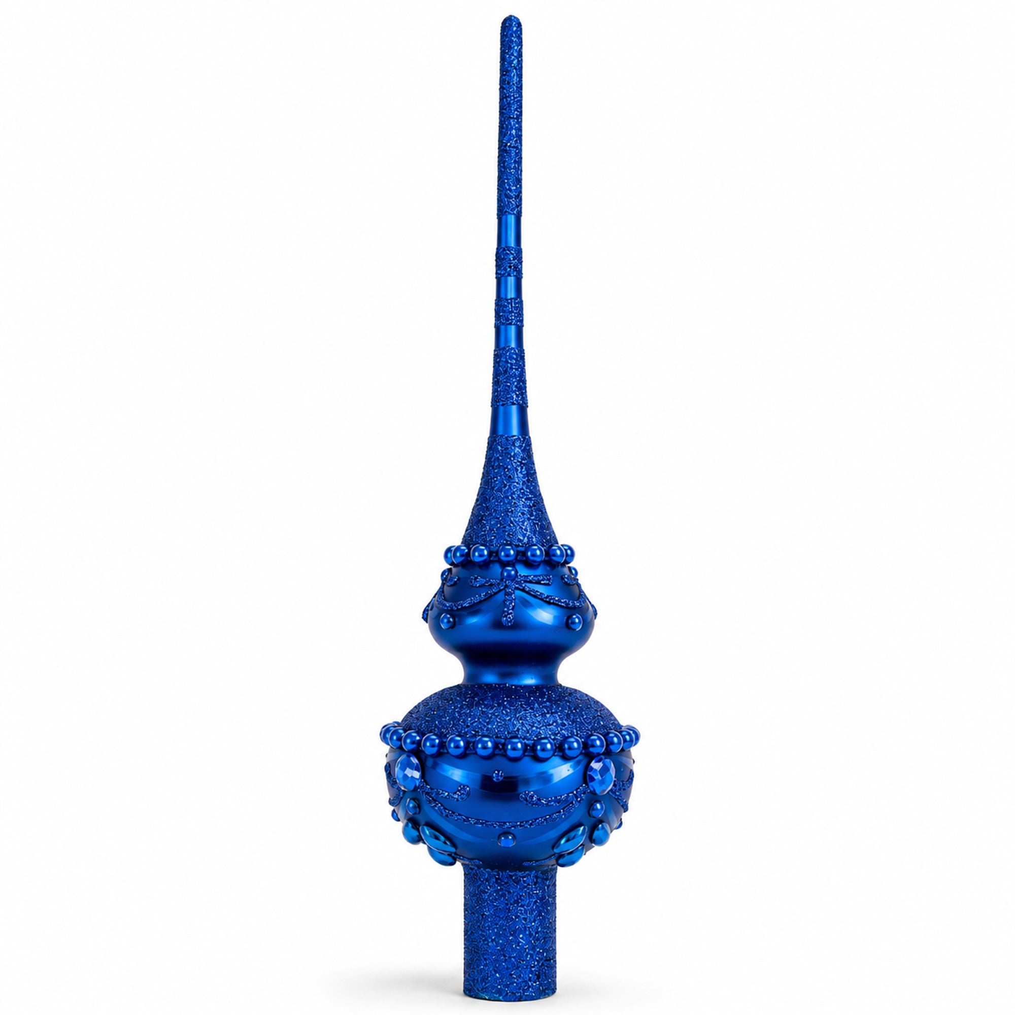 Dimensional Blue Jewels Chandelier on Red Glass Christmas Tree Topper 11 Inches