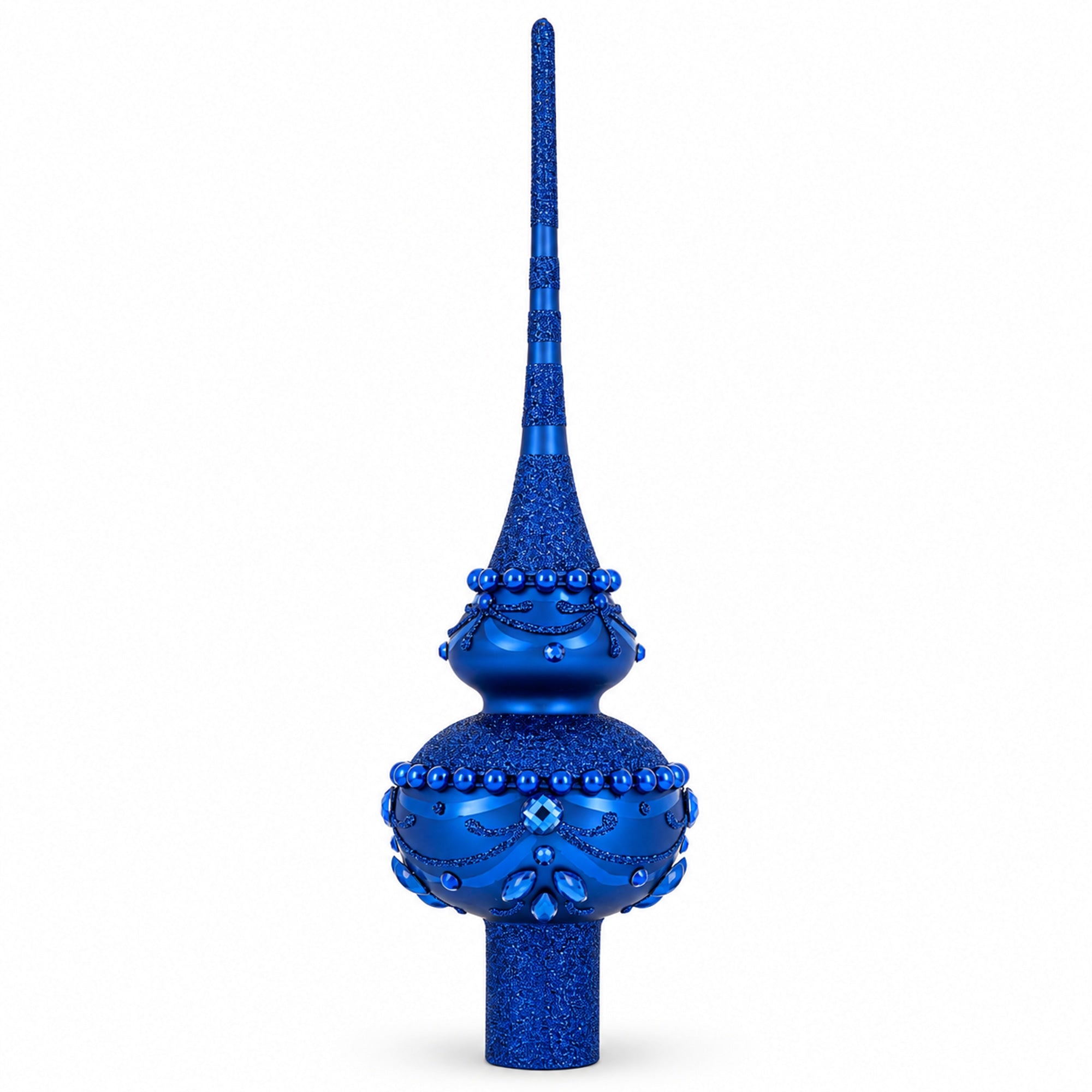Dimensional Blue Jewels Chandelier on Red Glass Christmas Tree Topper 11 Inches