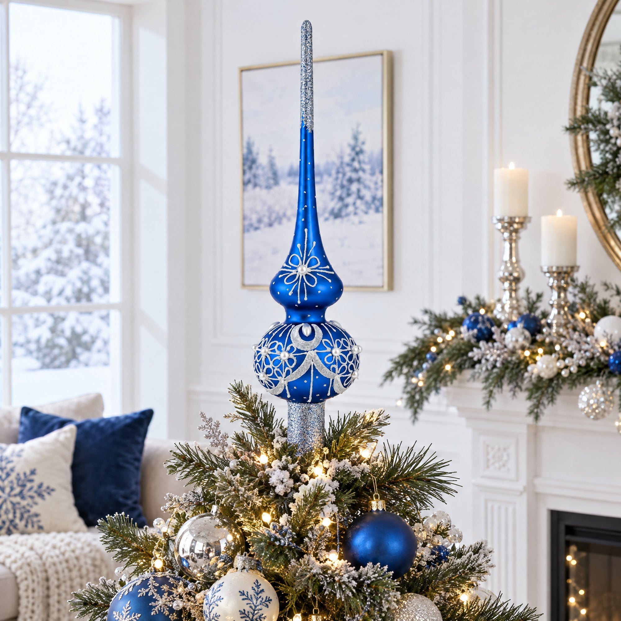 Dimensional White Pearls on Blue Glass Christmas Tree Topper 11 Inches