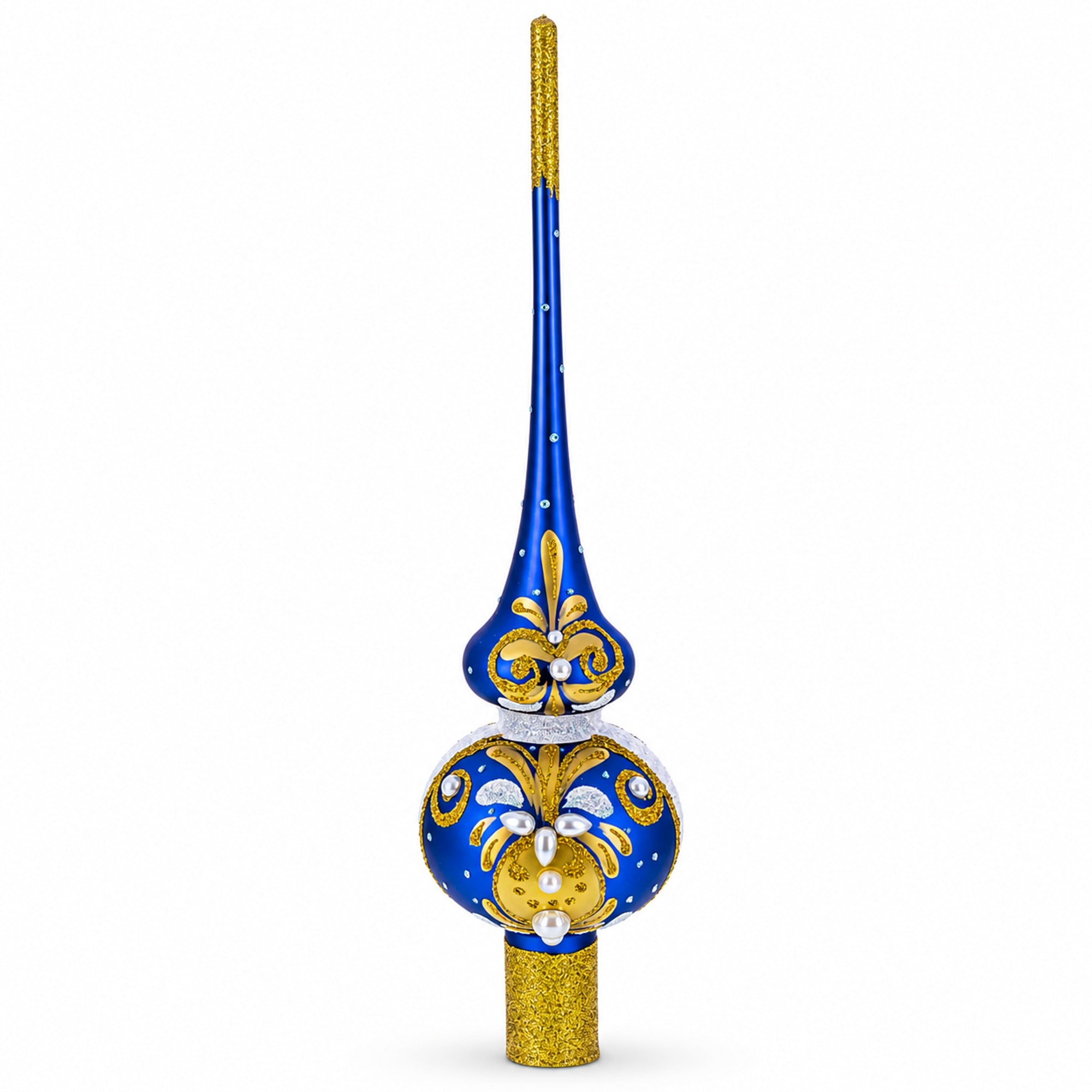 White Pearls with Golden Leaves on Blue Glass Christmas Tree Topper 11 Inches