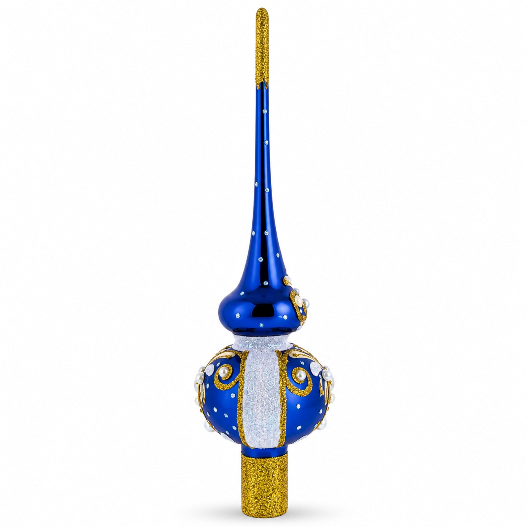 White Pearls with Golden Leaves on Blue Glass Christmas Tree Topper 11 Inches
