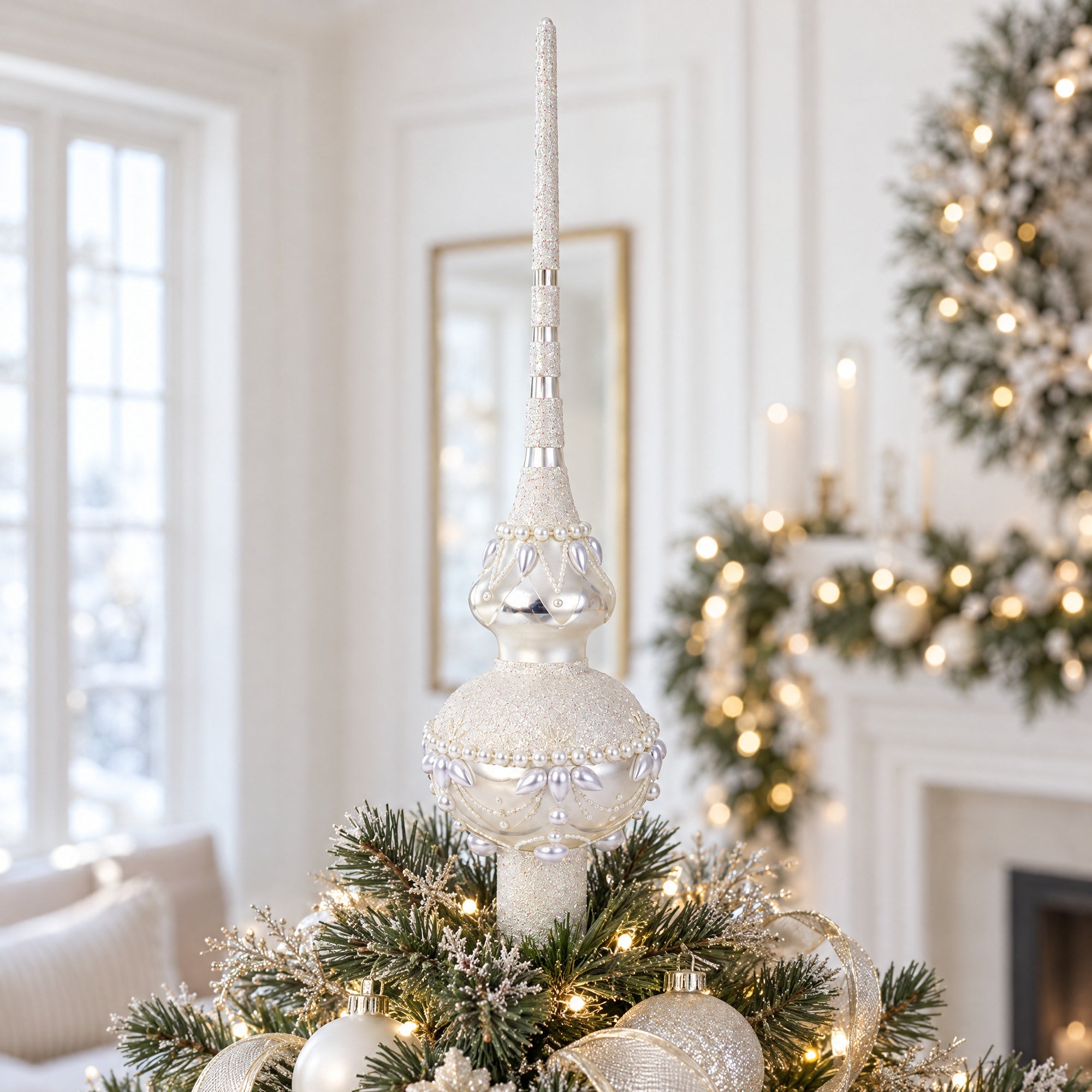 Pearl Drops on White Chandelier Clear Glass Christmas Tree Topper 11 Inches