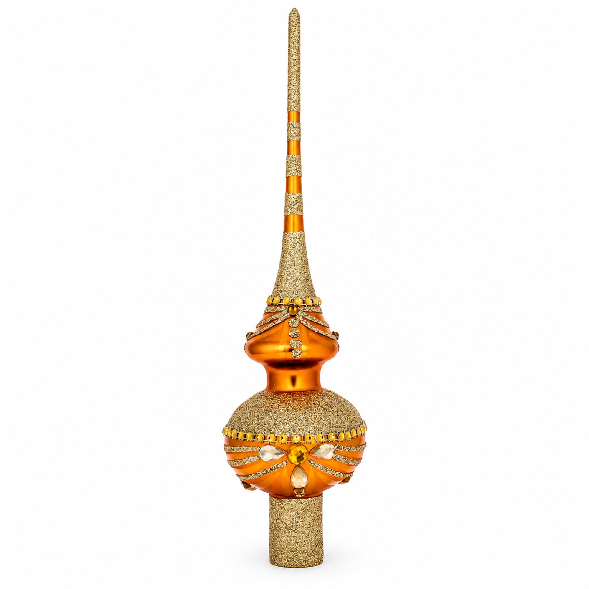 White and Golden Jewels on Sparkling Orange Glass Christmas Tree Topper 11 Inches