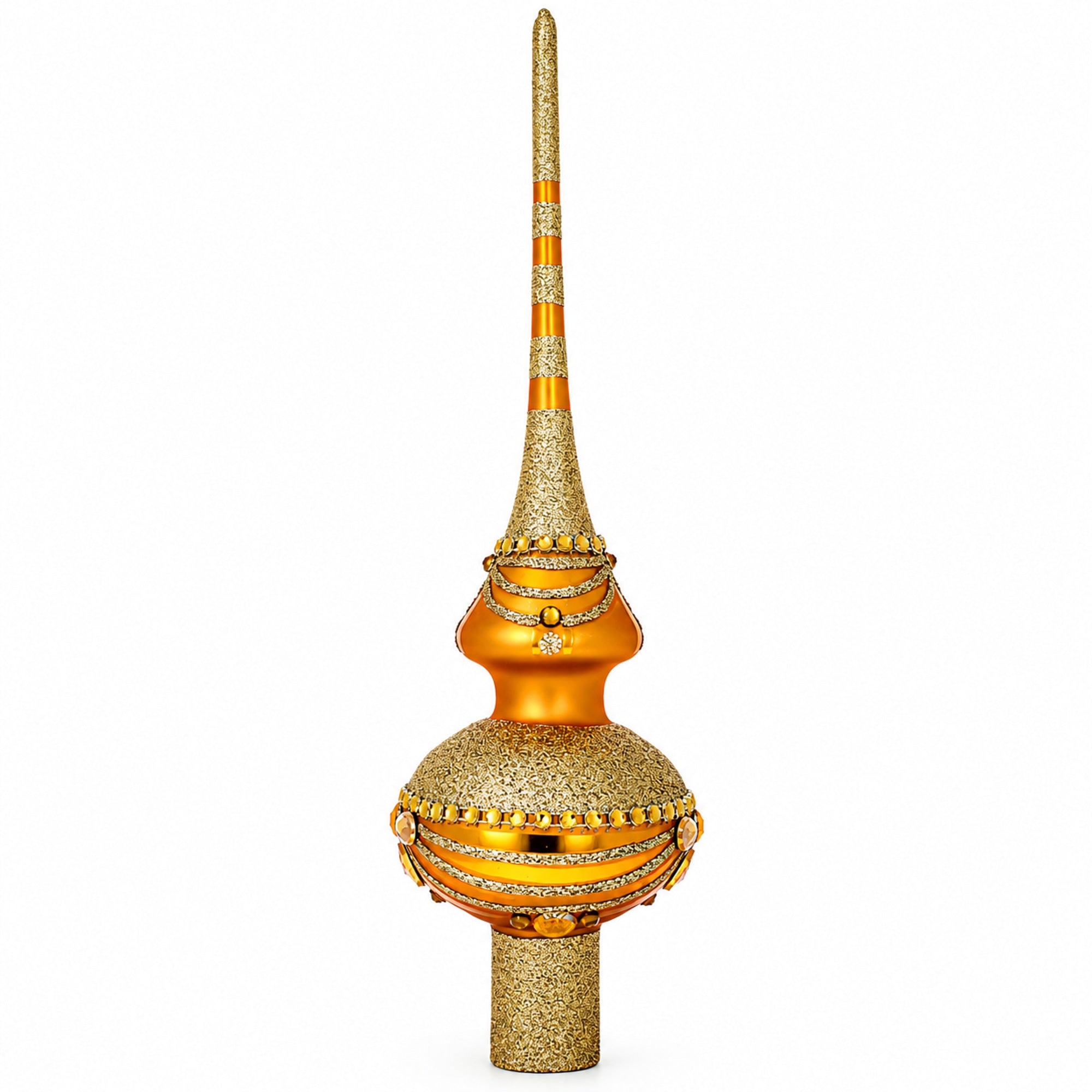 White and Golden Jewels on Sparkling Orange Glass Christmas Tree Topper 11 Inches