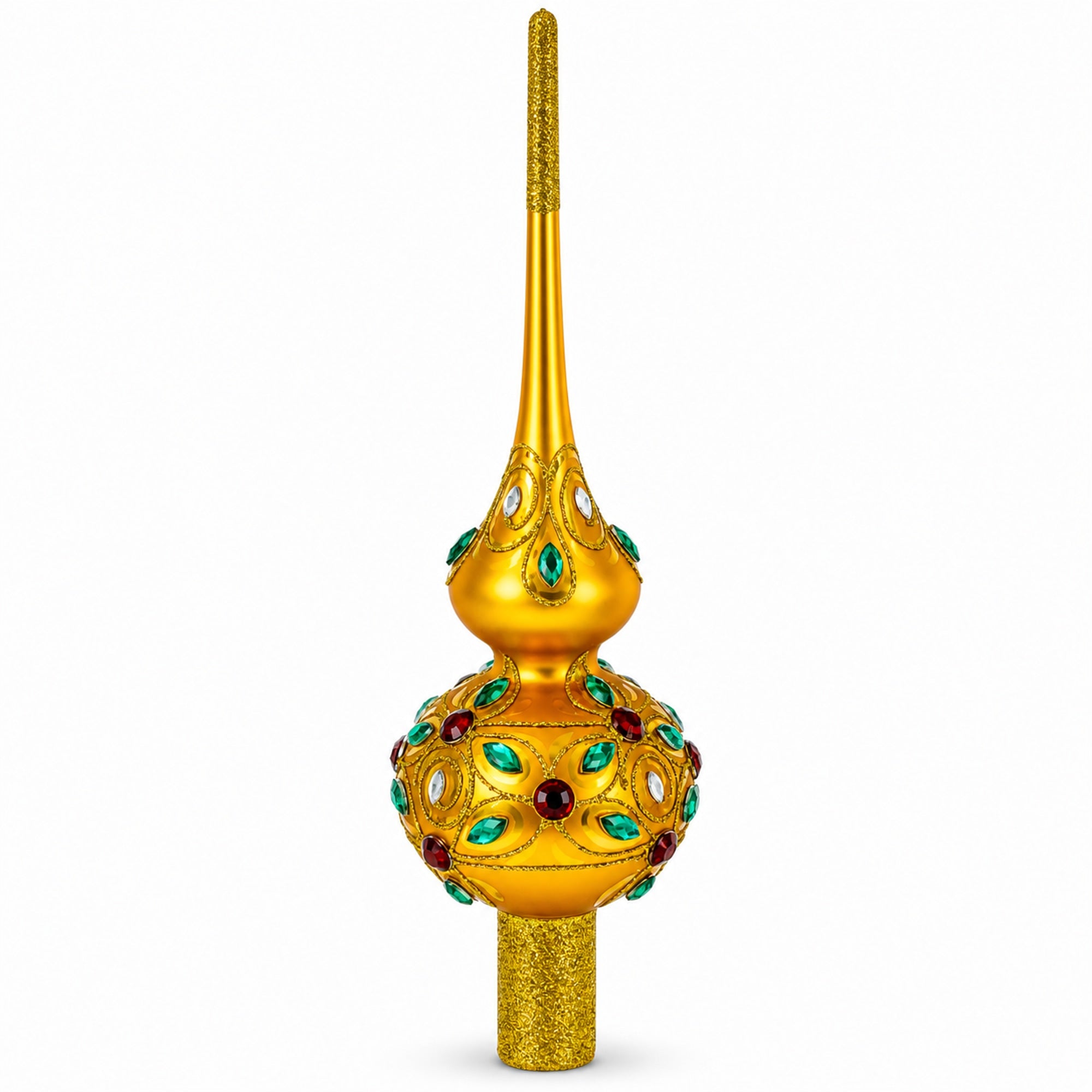 Multicolored Jewels on Gold Glass Christmas Tree Topper 11 Inches