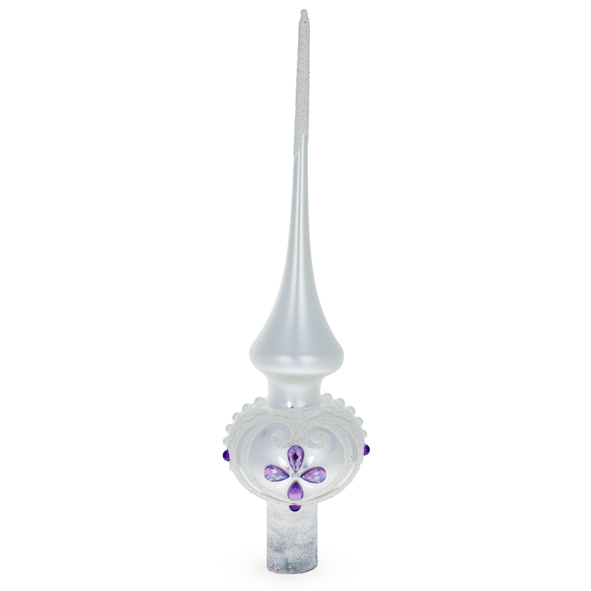Purple Jewel Stars and Pearls on White Glass Christmas Tree Topper 11 Inches