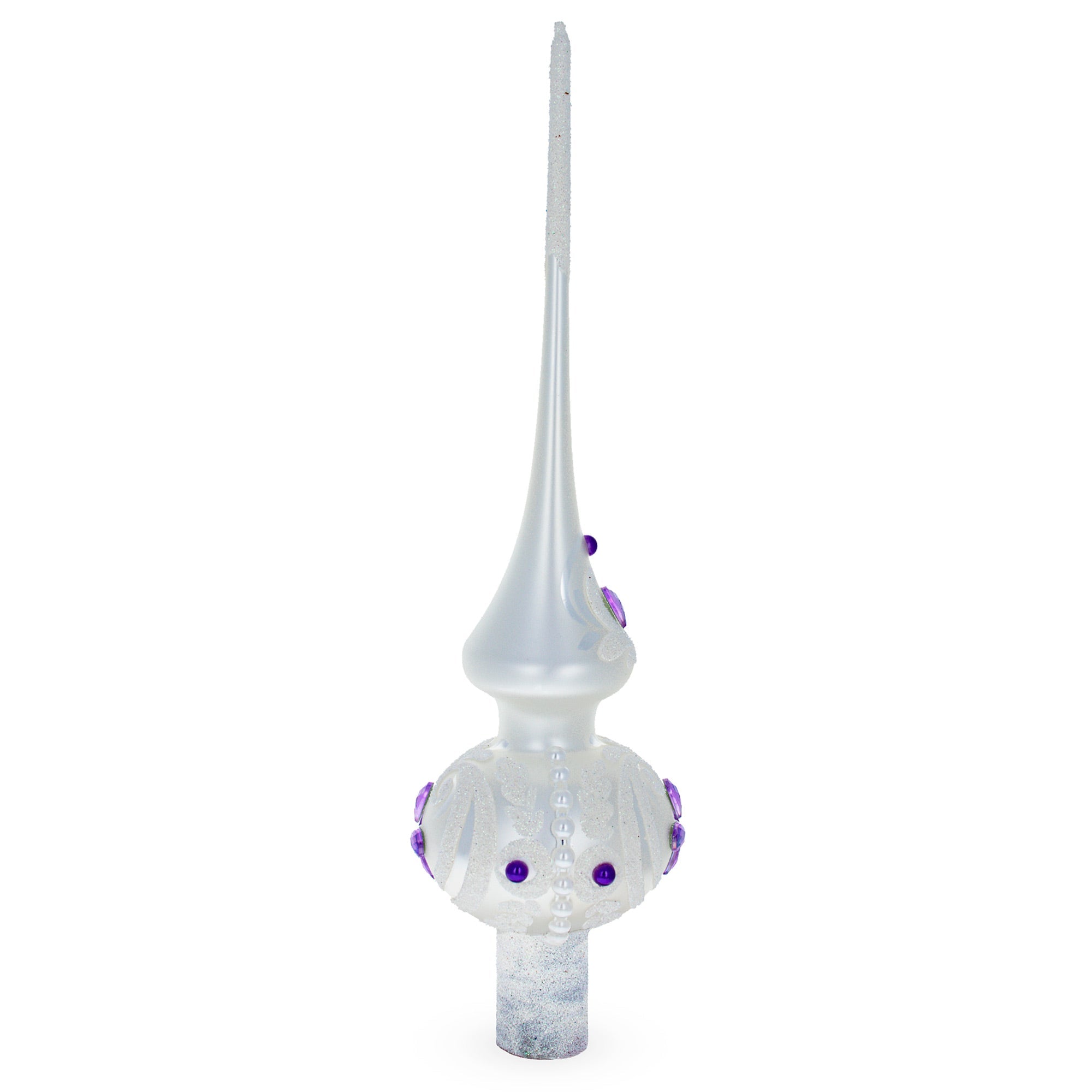 Purple Jewel Stars and Pearls on White Glass Christmas Tree Topper 11 Inches