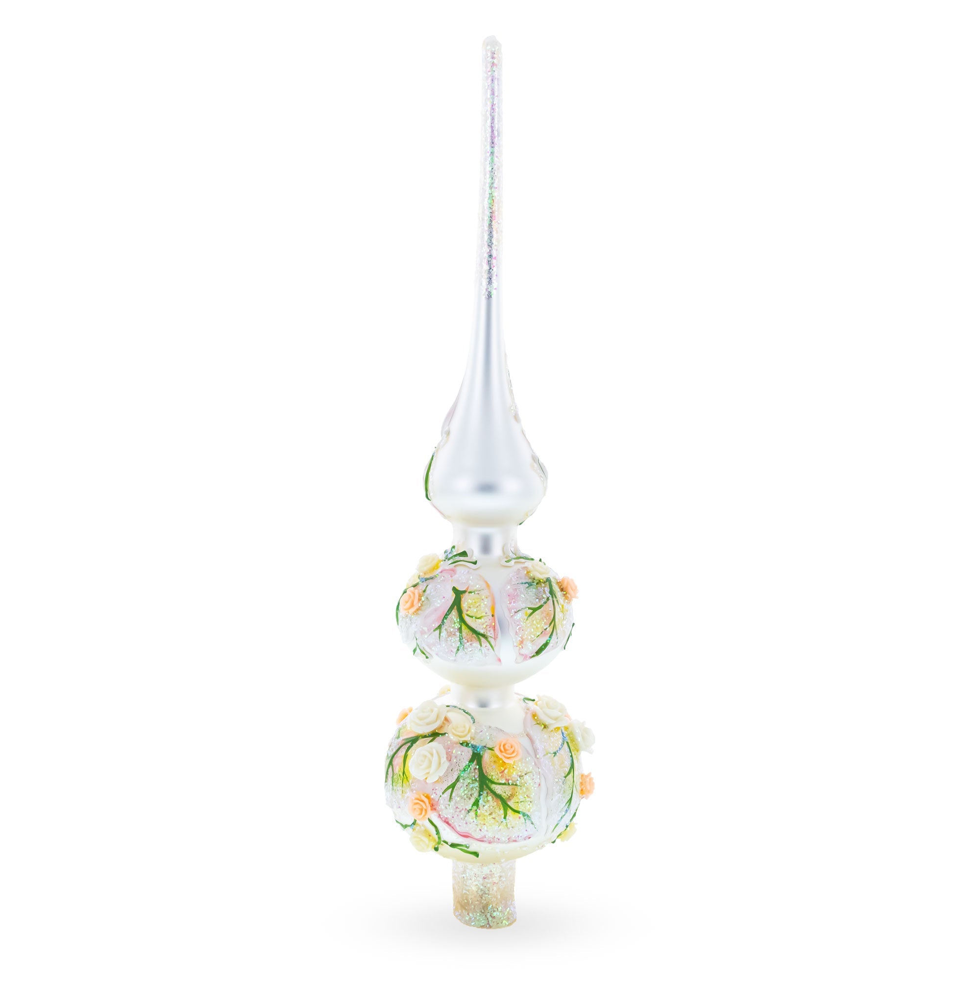 Pink and White Roses Bouquet on Double Ball Glass Christmas Tree Topper 12.5 Inches