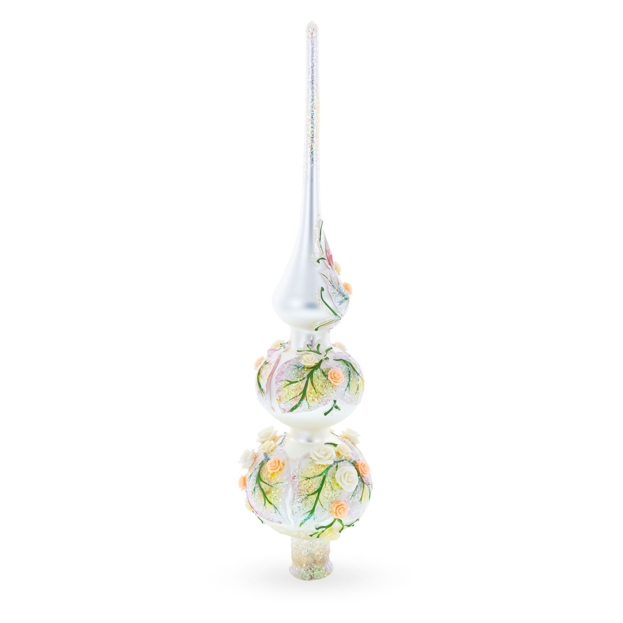 Pink and White Roses Bouquet on Double Ball Glass Christmas Tree Topper 12.5 Inches