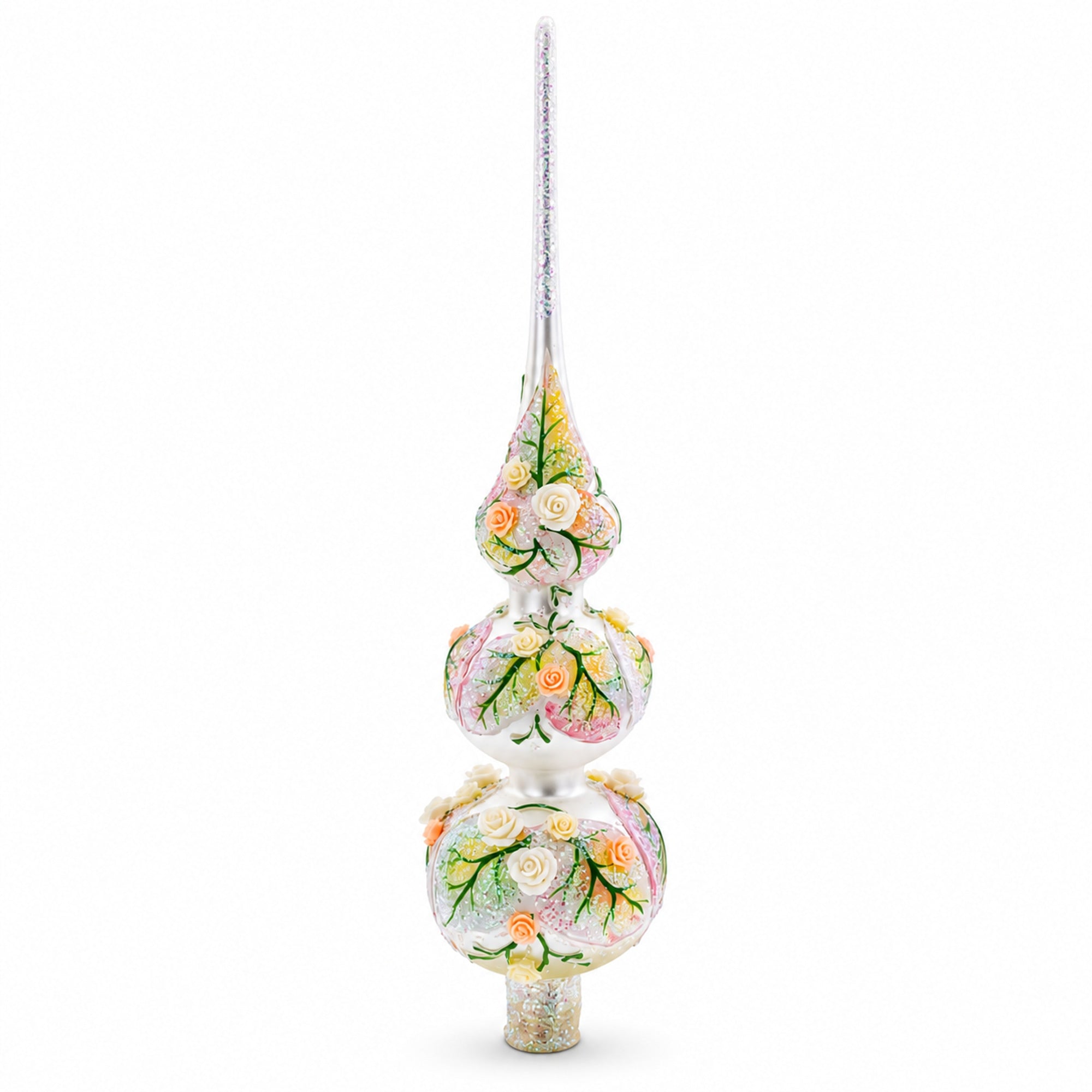 Pink and White Roses Bouquet on Double Ball Glass Christmas Tree Topper 12.5 Inches