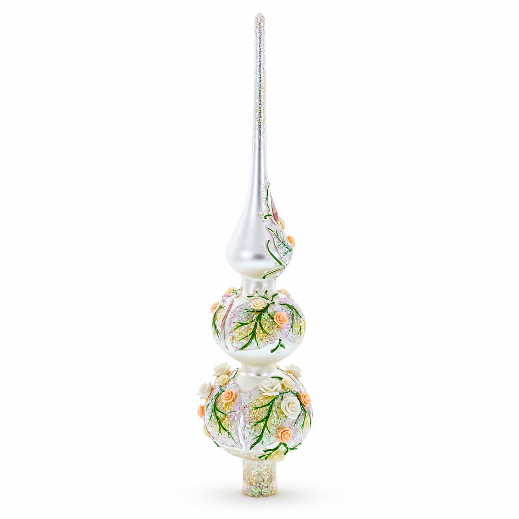 Pink and White Roses Bouquet on Double Ball Glass Christmas Tree Topper 12.5 Inches
