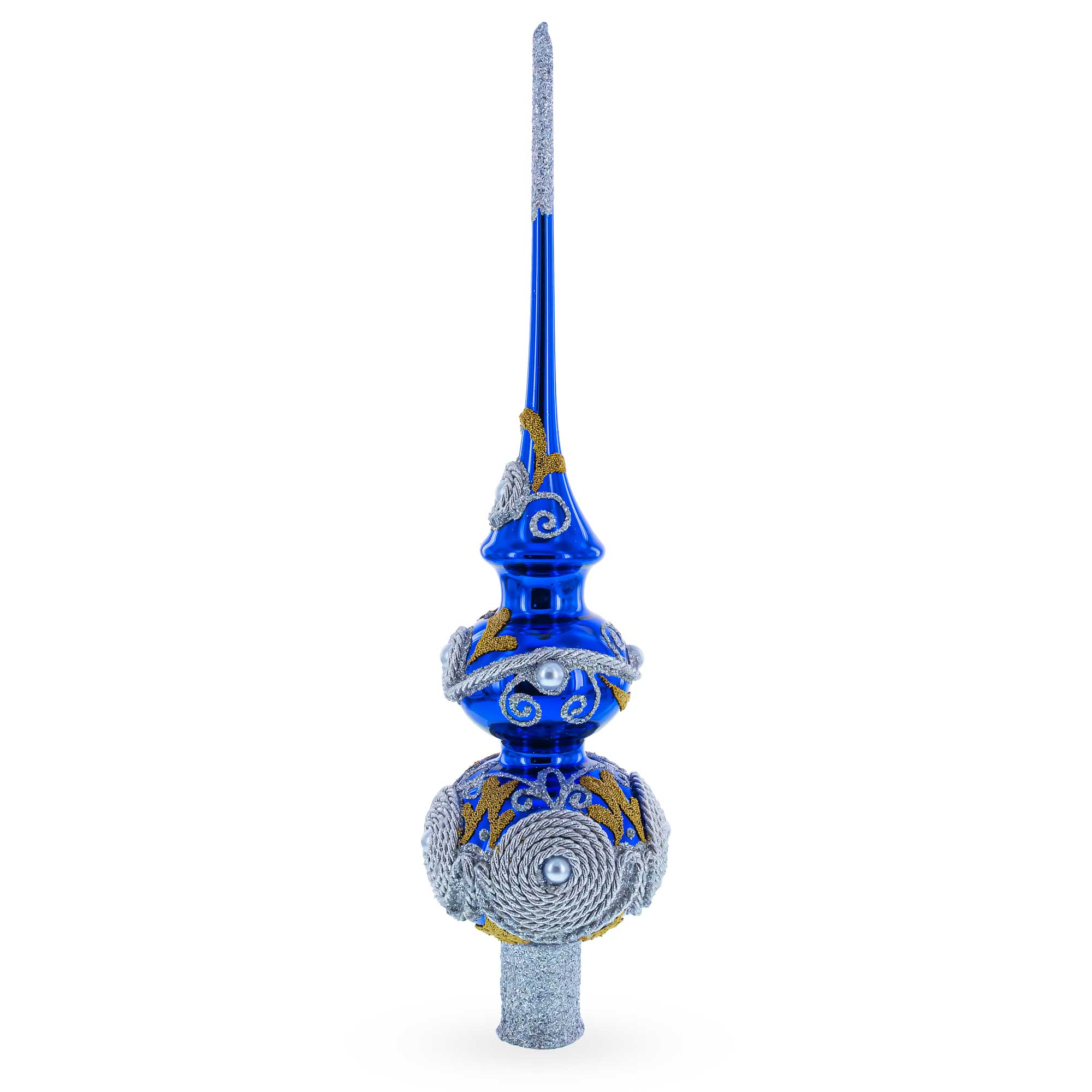 Pearls and Twisted Rope on Double Ball Blue Glass Christmas Tree Topper 12.5 Inches